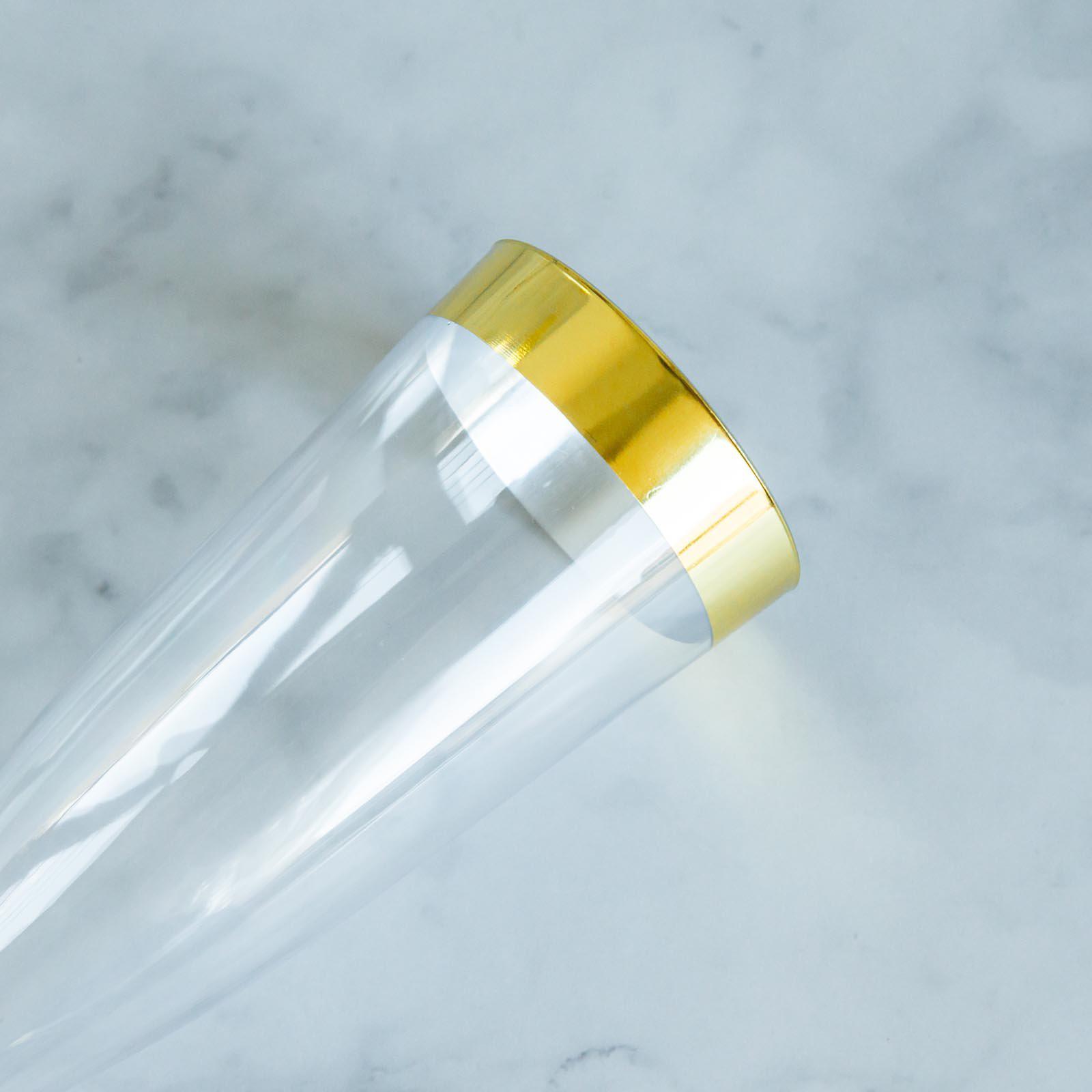 12-Pack Stylish Disposable 6oz Plastic Champagne Flutes with Detachable Base, Clear with Gold Rim