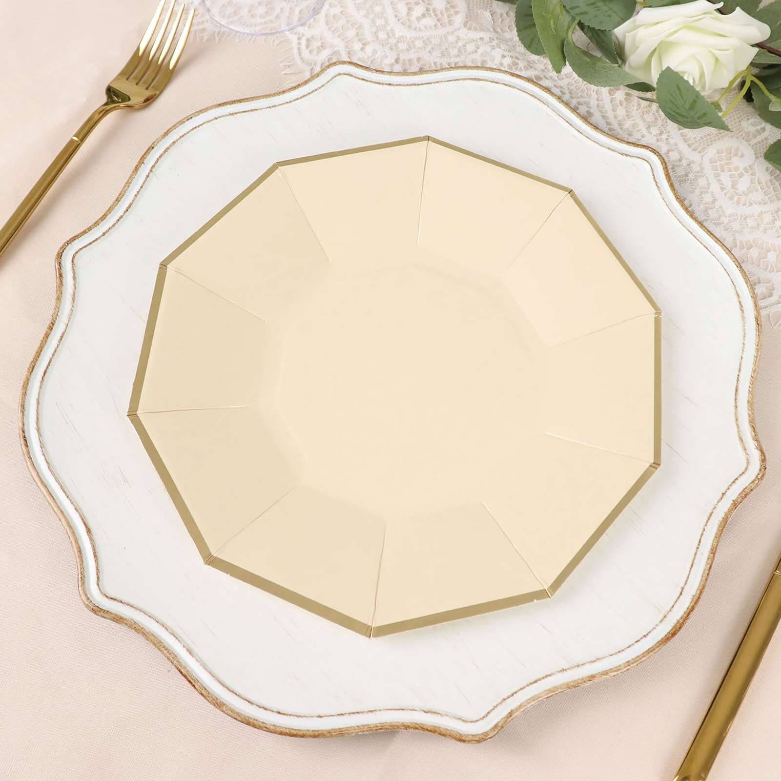 25-Piece Set of 9-Inch Beige Disposable Dinner Plates with Gold Foil Rim for Modern Weddings and Events