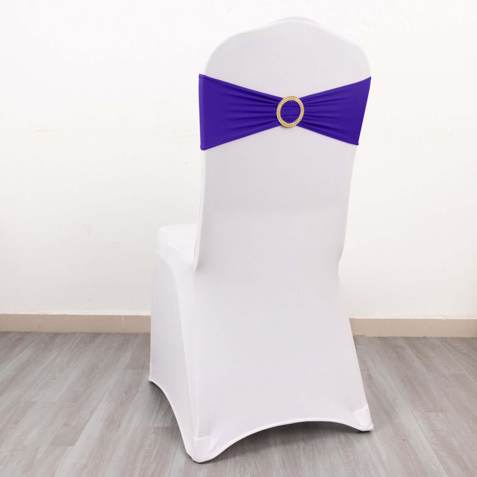 5-Pack Purple Spandex Chair Sashes with Gold Rhinestone Buckles - Reusable Four-Way Stretch Decor
