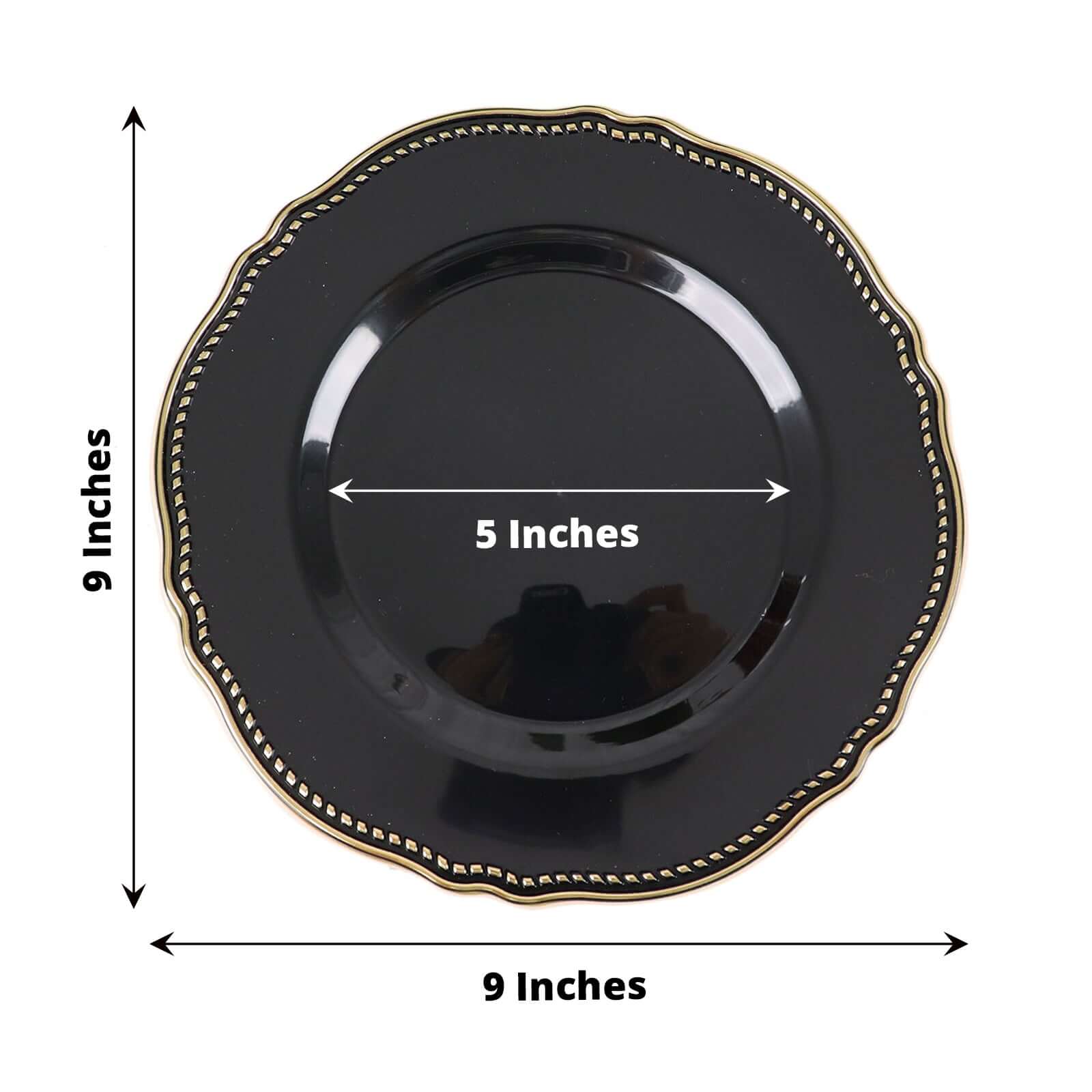 10-Piece Set of Disposable Black Plastic Dinner Plates with Gold Scalloped Rim, 9 Inches for Upscale Events