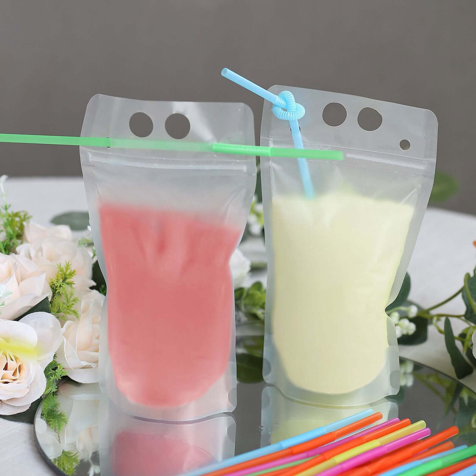 50-Pack Clear 12oz Plastic Reclosable Drink Pouches with Straws - Ideal for Travel & Festivals