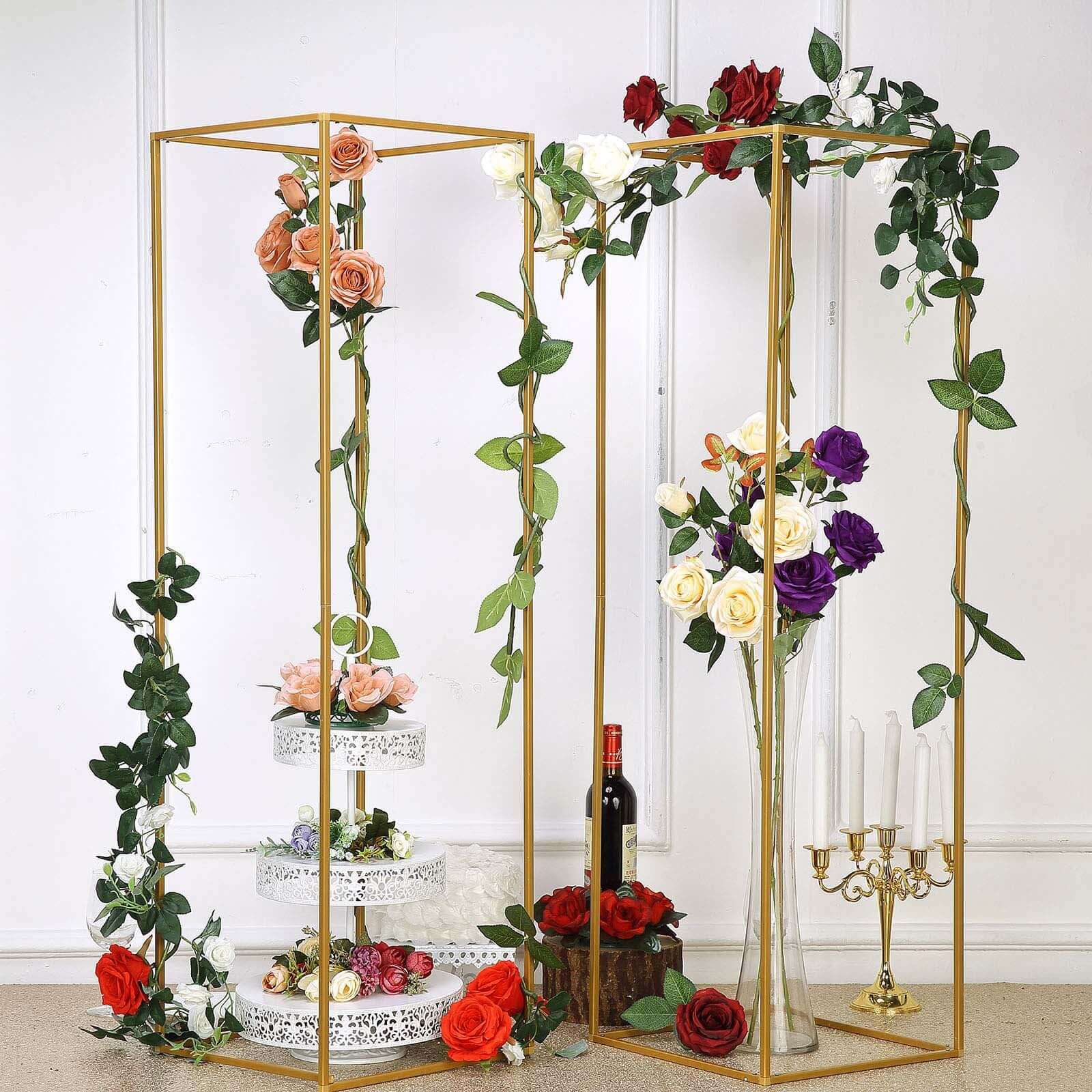 Hot Deal! 2-Pack Matte Gold Metal Rectangular Geometric Column Flower Stands for Upscale Floral Arrangements