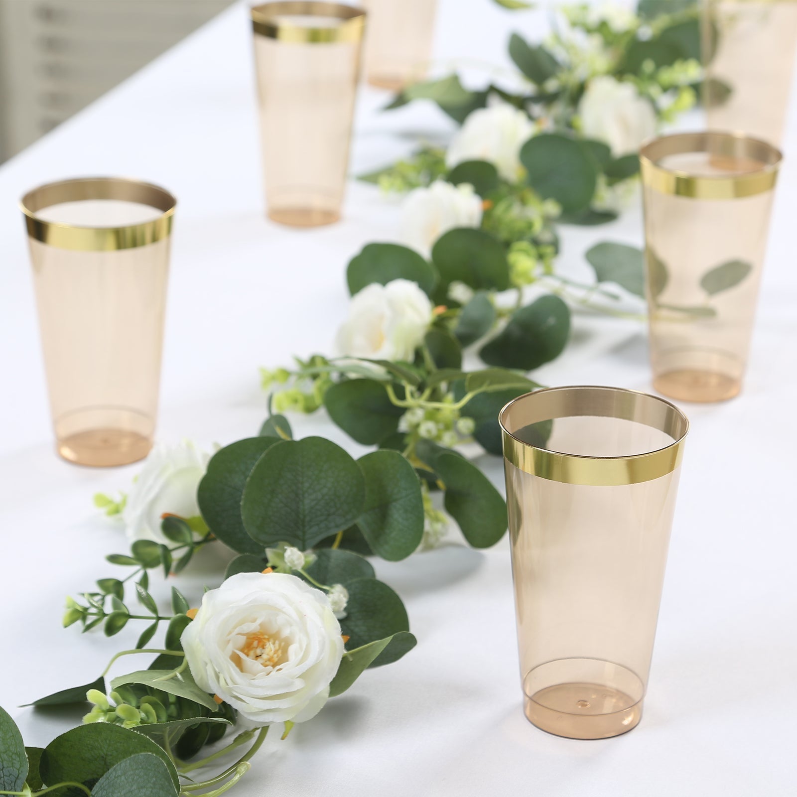 12-Pack 17oz Durable Disposable Plastic Party Cups - Transparent Amber Gold with Gold Rim