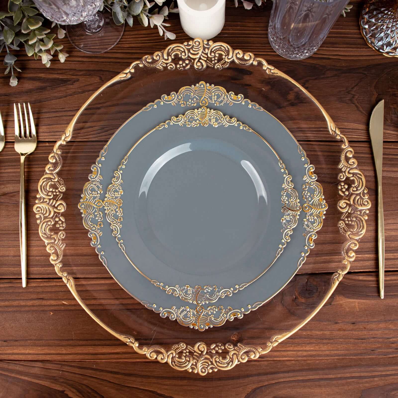 10-Pack Disposable Vintage Baroque Round Dinner Plates in Dusty Blue with Gold Leaf Rim - Great Value!