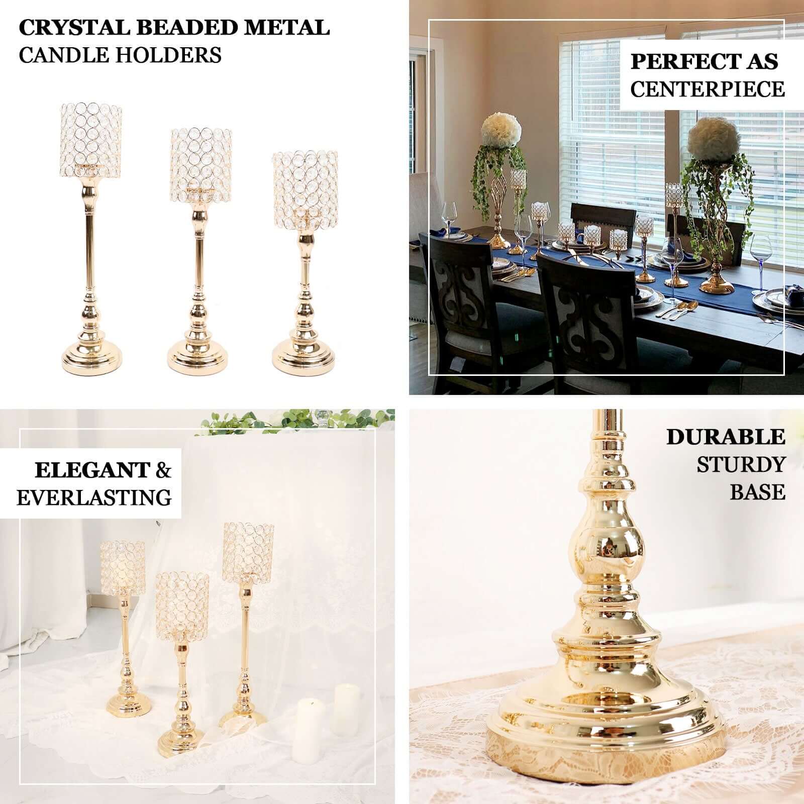 Hot Sale! Set of 3 Gold Crystal Beaded Cylinder Votive Candle Holder Stands for Events