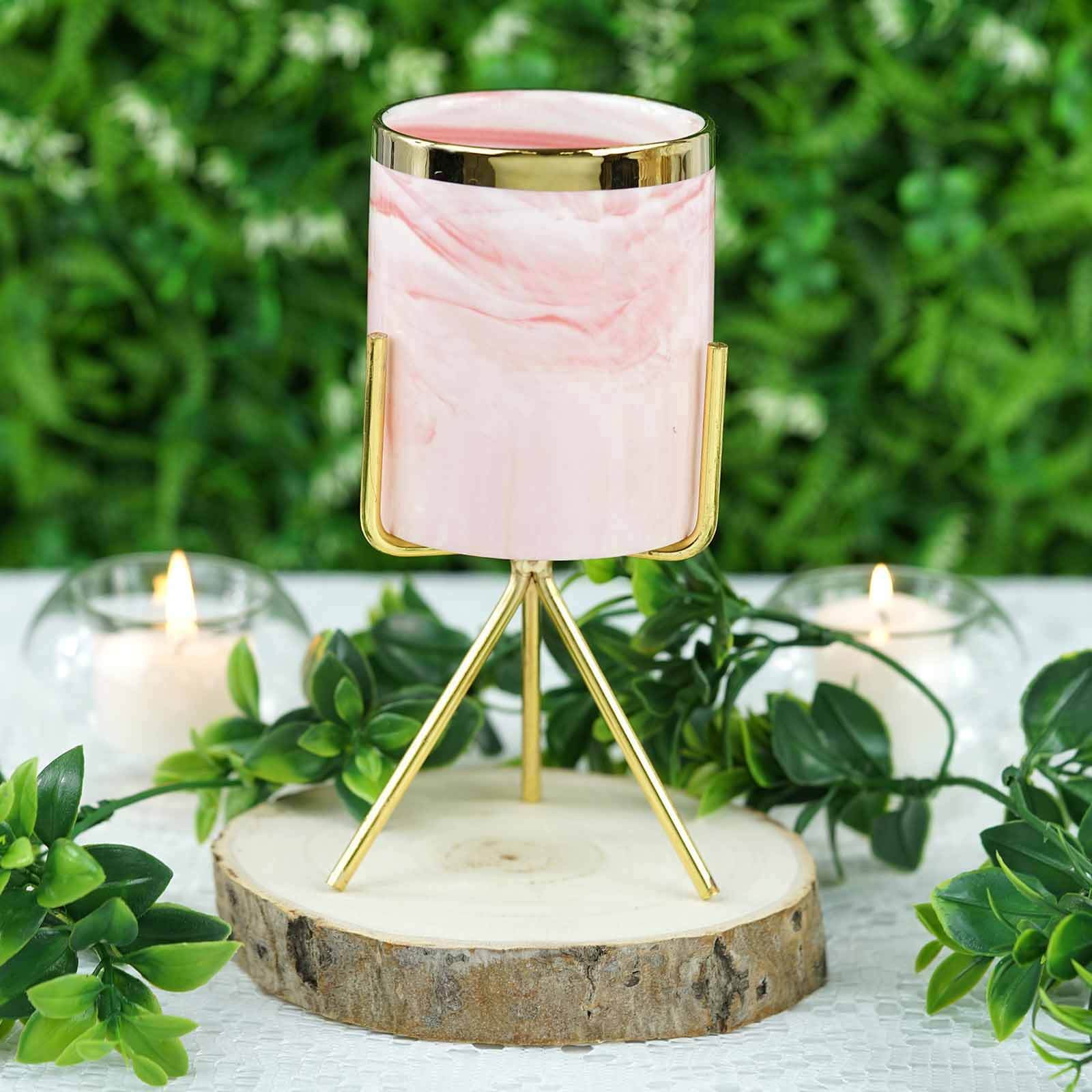 8-Inch Decorative Gold-Rimmed Pink Marble Ceramic Planter with Gold Metal Stand