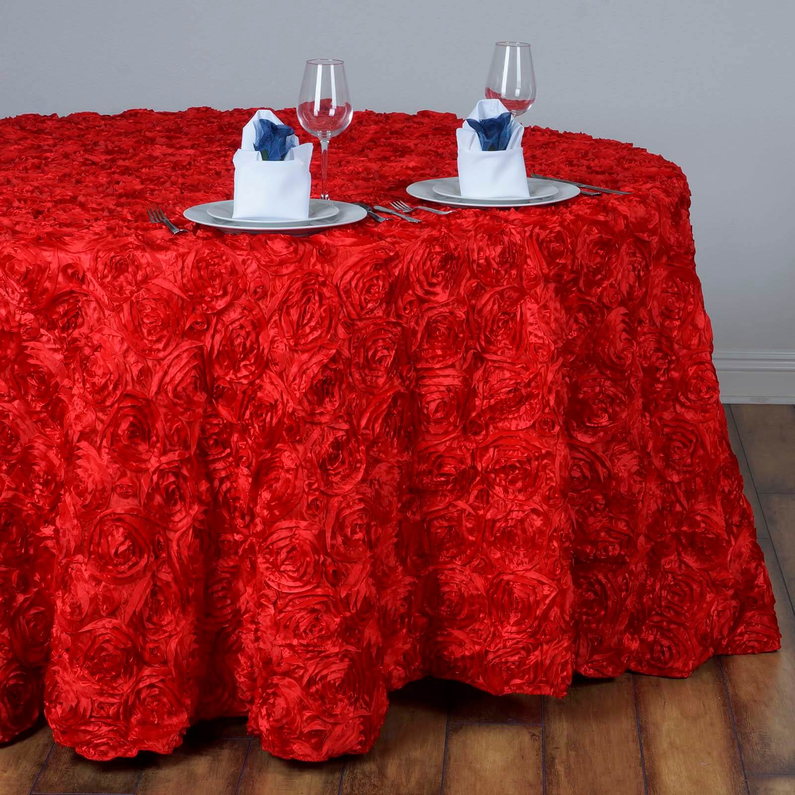 Hot Sale! Red Satin 132-Inch Round Tablecloth with Seamless 3D Rosette Design