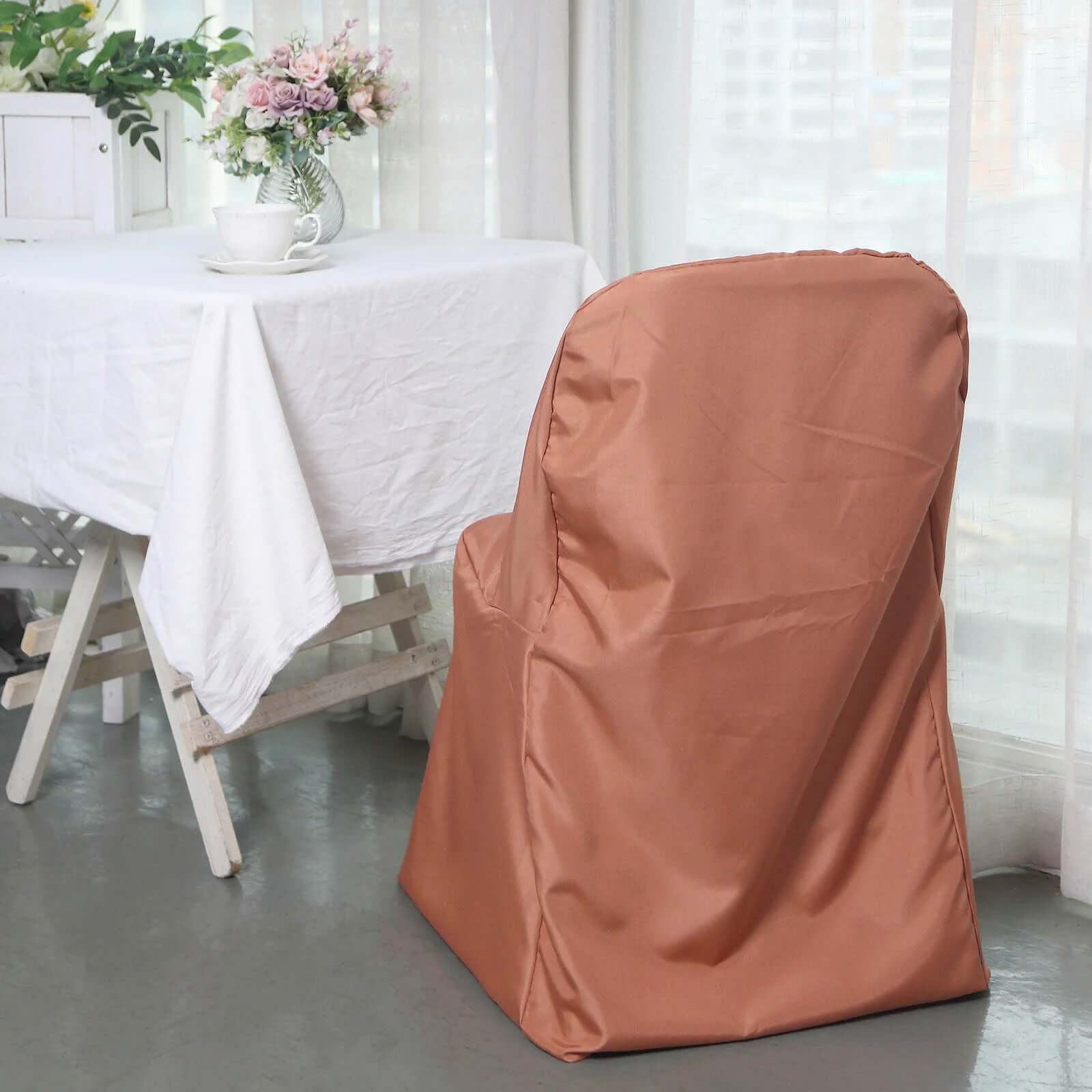 10-Piece Wrinkle-Free, Stain-Resistant Terracotta (Rust) Polyester Slip-On Chair Covers for Folding Chairs