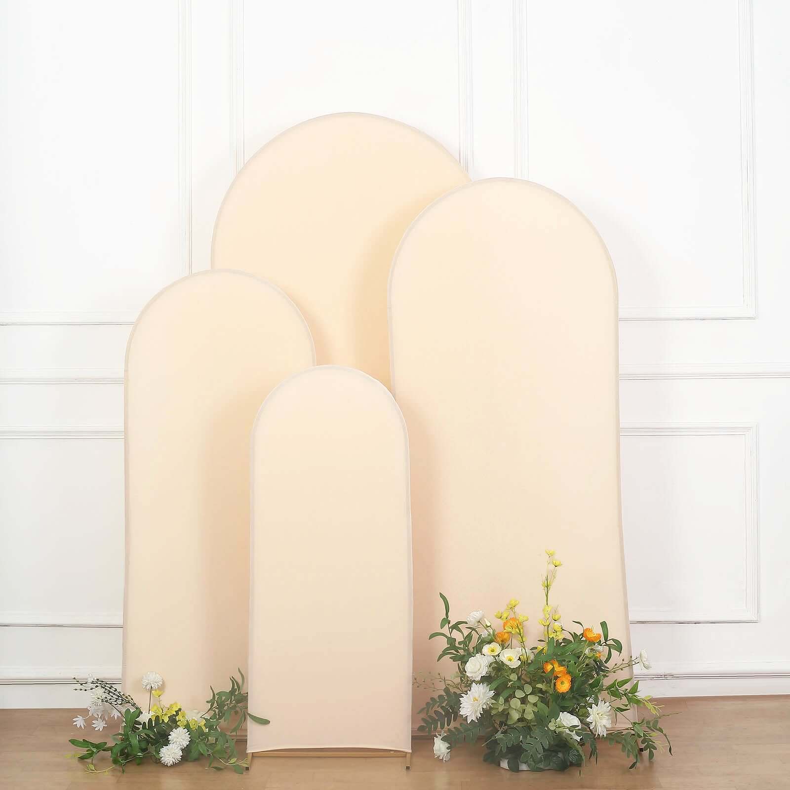 Hot Sale! Set of 4 Matte Beige Spandex Fitted Covers for Round Top Chiara Wedding Arch Stands in 4 Sizes
