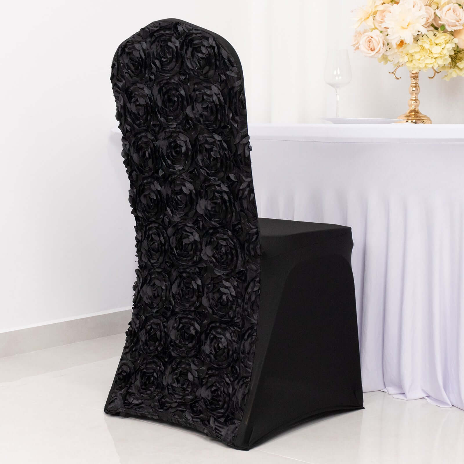 Black Stretch Fitted Satin Rosette Slip-On Cover for Banquet Chairs
