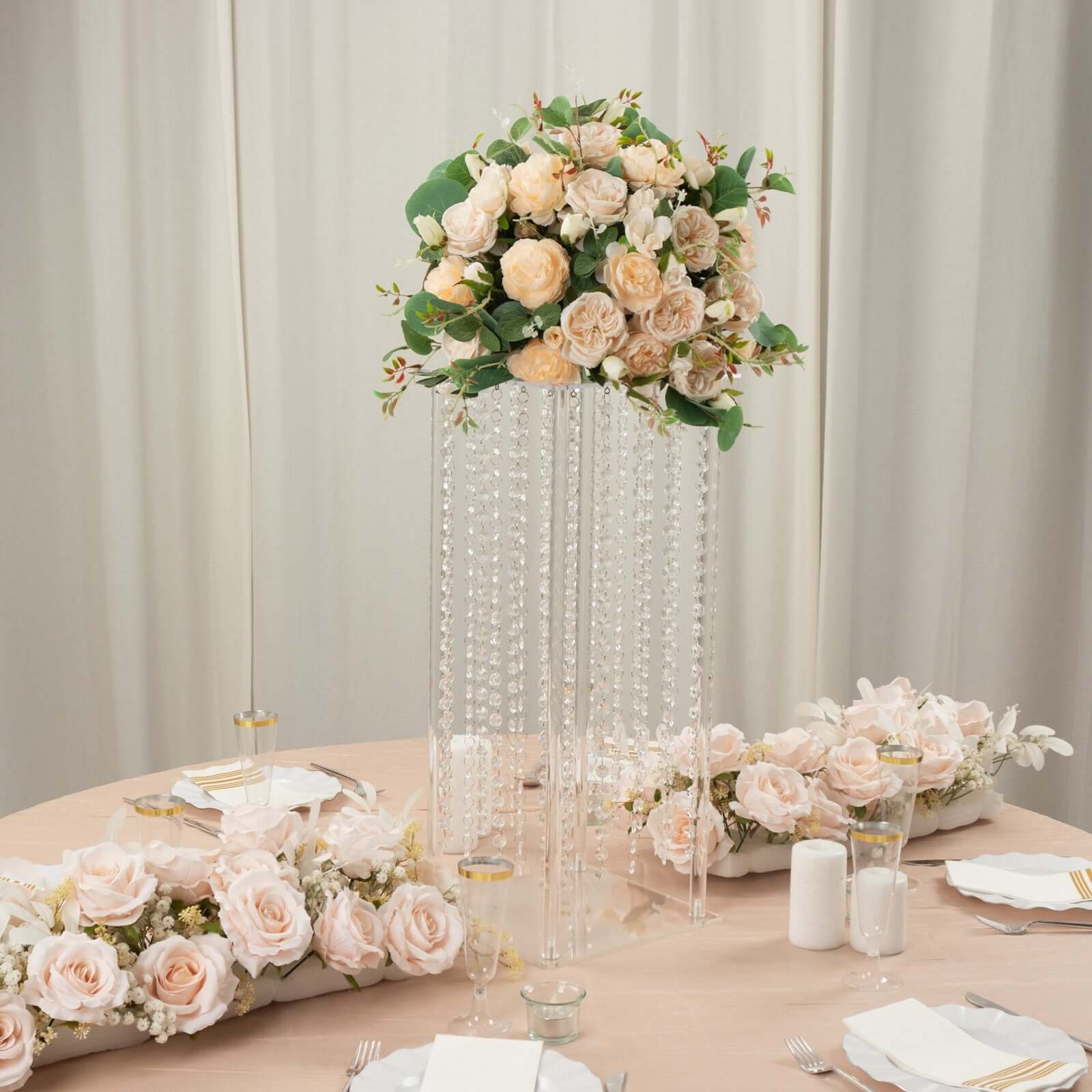 Clear Acrylic Flower Pedestal Vase with Crystal Beads - Ideal Durable Wedding Table Centerpiece, 24 Inches