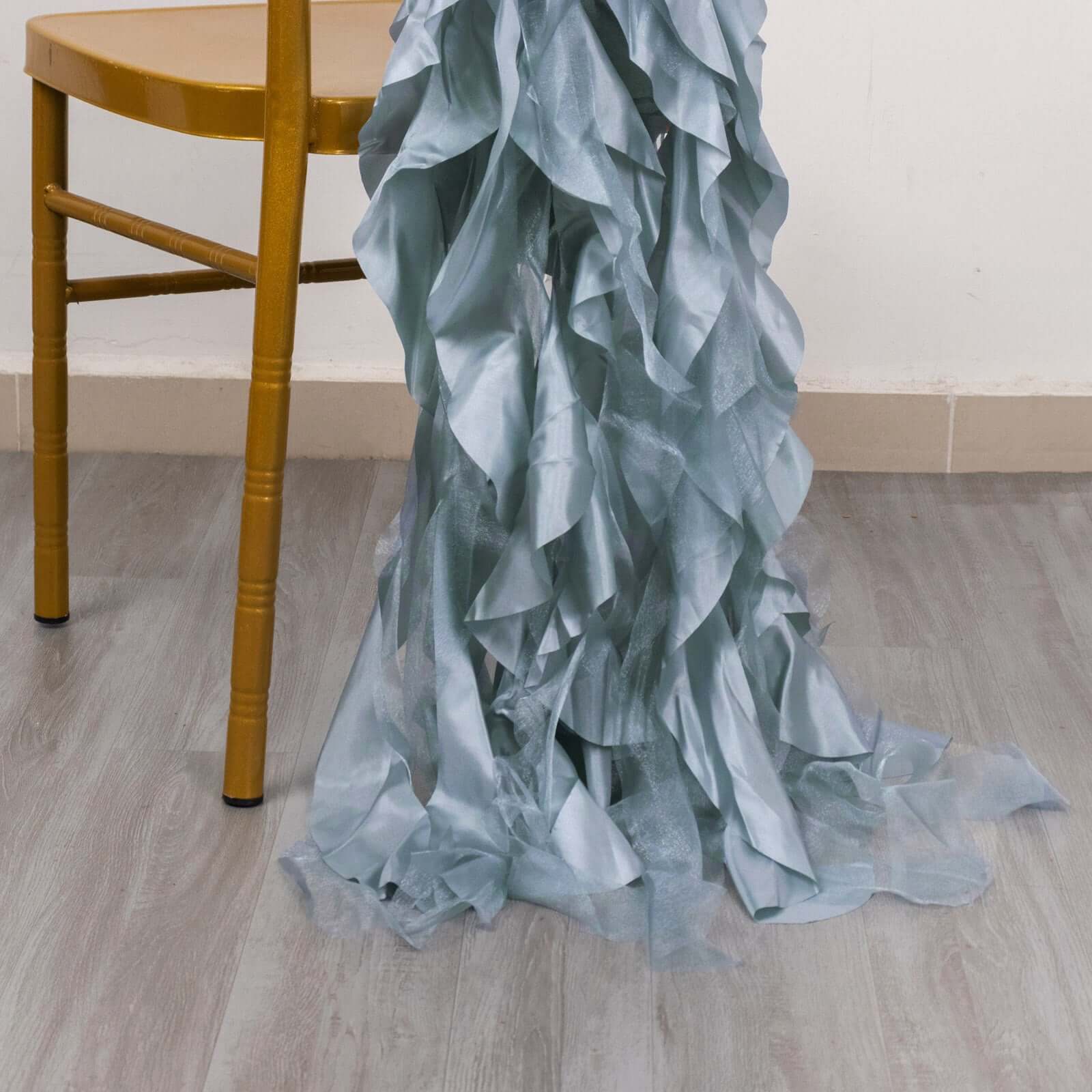 5-Pack Dusty Blue Chiffon Satin Chair Sashes - Easy Install, Curly Willow Style
