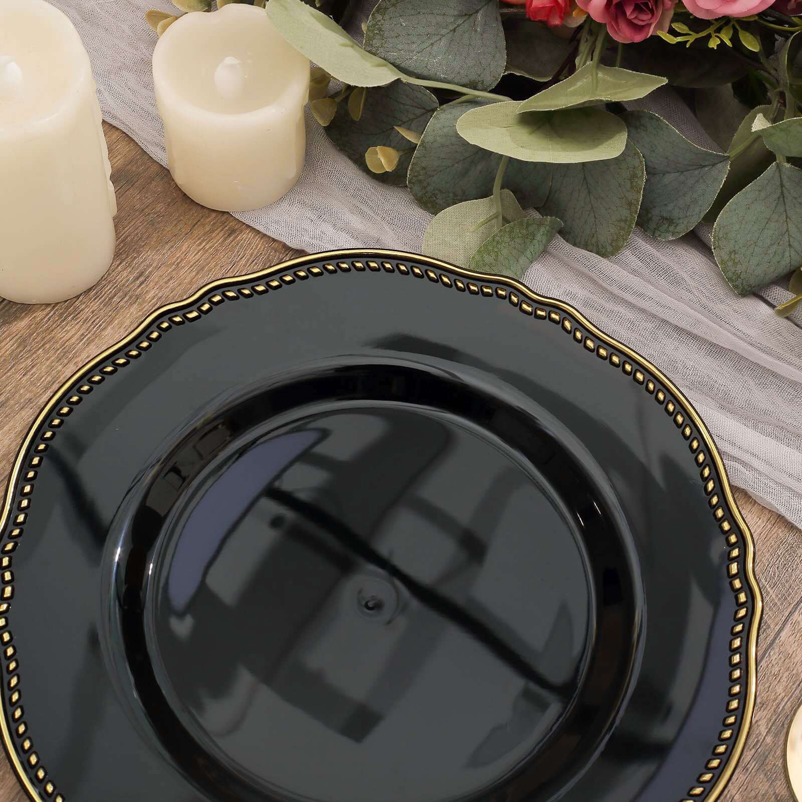 10-Piece Set of Disposable Black Plastic Dinner Plates with Gold Scalloped Rim, 9 Inches for Upscale Events