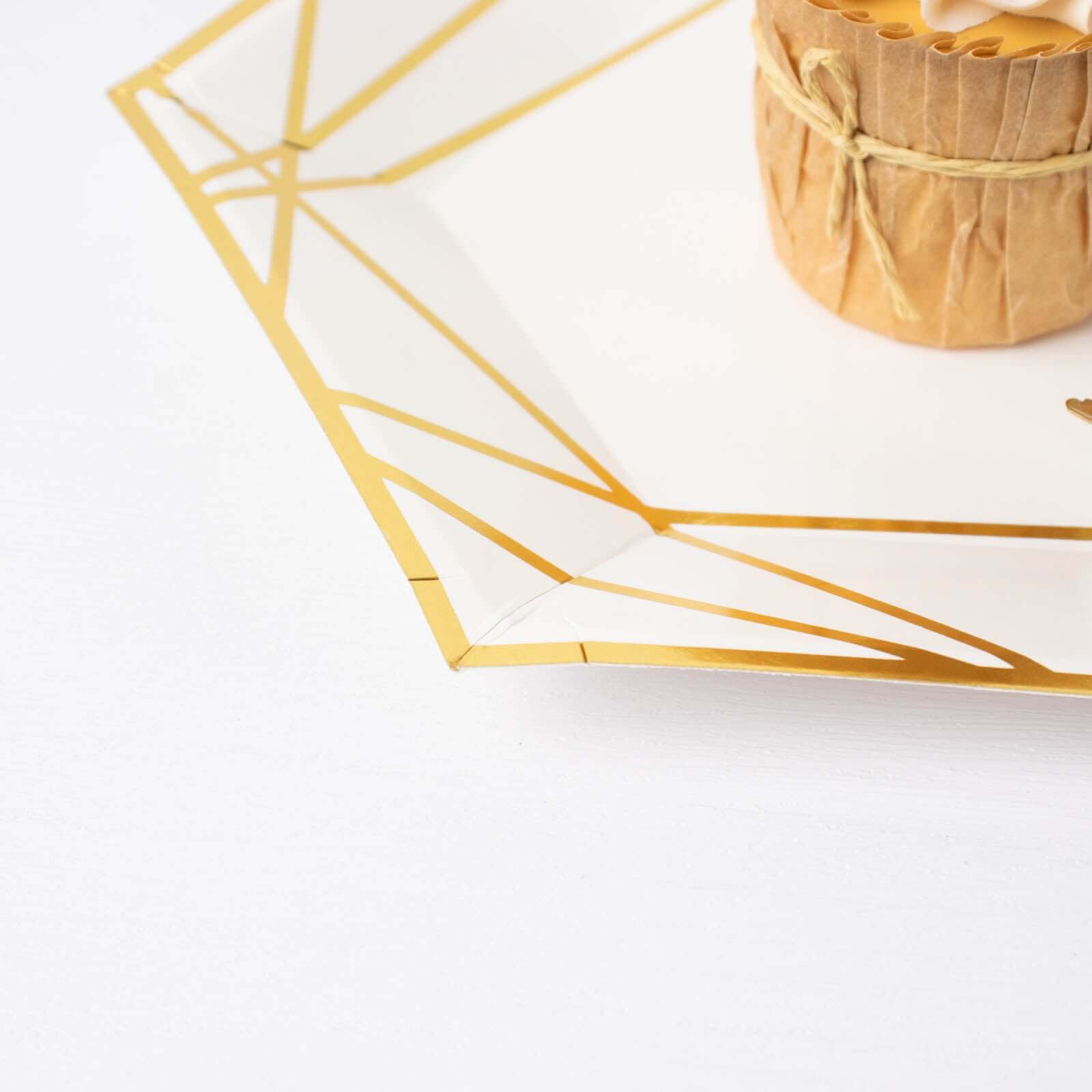 25-Pack White & Gold Geometric Hexagon Disposable Paper Appetizer and Salad Plates for Events