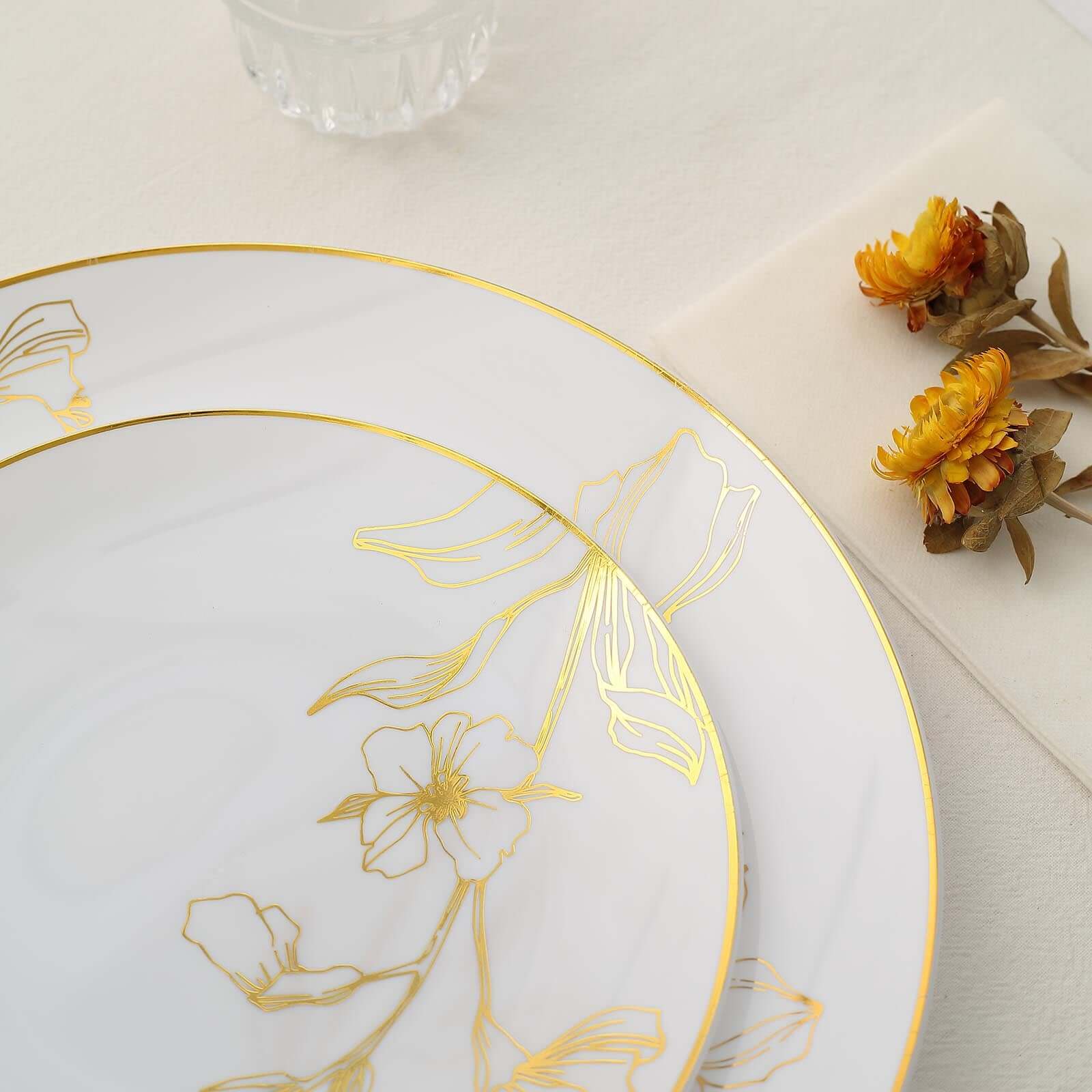 Hot Deal! Set of 20 Disposable Plastic Dinner and Dessert Plates in White with Gold Floral Design for Special Occasions