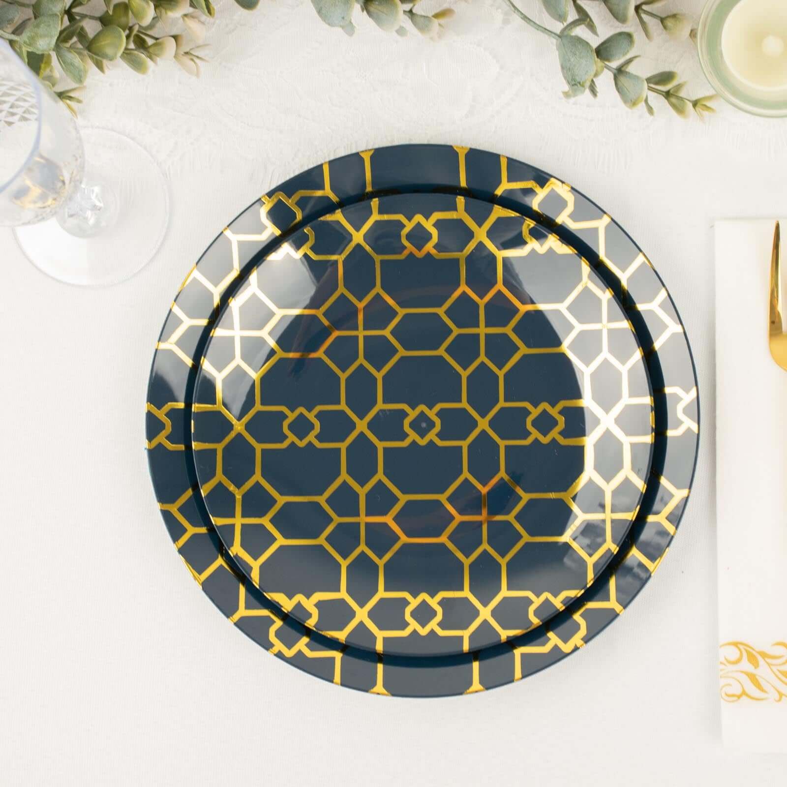 Hot Deal! 20-Pack Navy Blue Plastic Dinnerware Set with Gold Geometric Print for Weddings