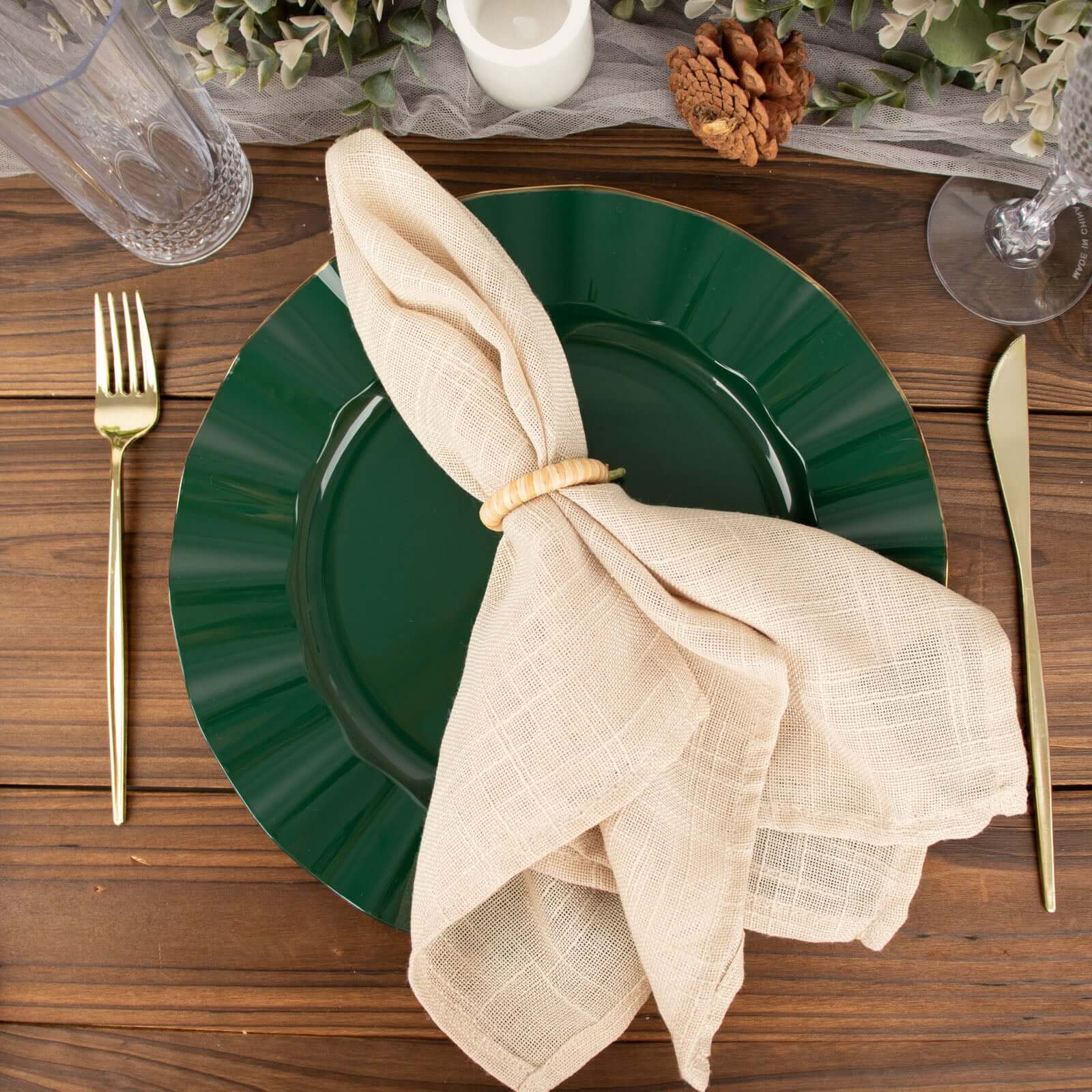 10-Piece Set of Sturdy Disposable 11-Inch Round Dinner Plates in Hunter Emerald Green with Ruffled Gold Edges
