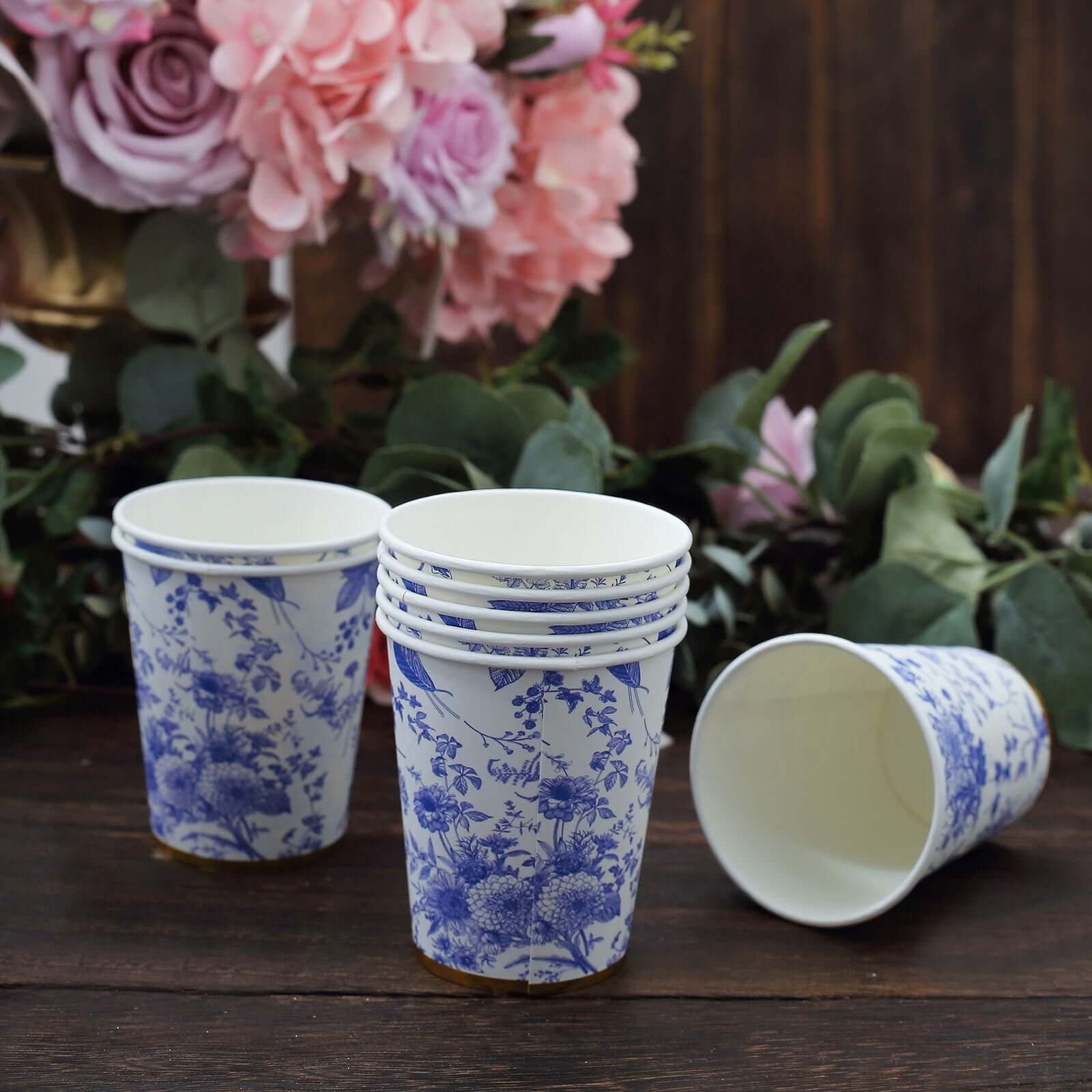 24-Pack 9oz Disposable Paper Party Cups in Elegant French Toile Pattern with Gold Rim