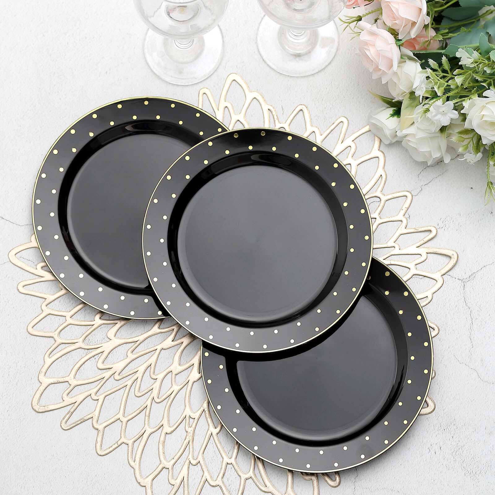 10-Piece Set of 7.5-Inch Black Plastic Dessert Plates with Gold Dot Rim, Disposable Salad Plates