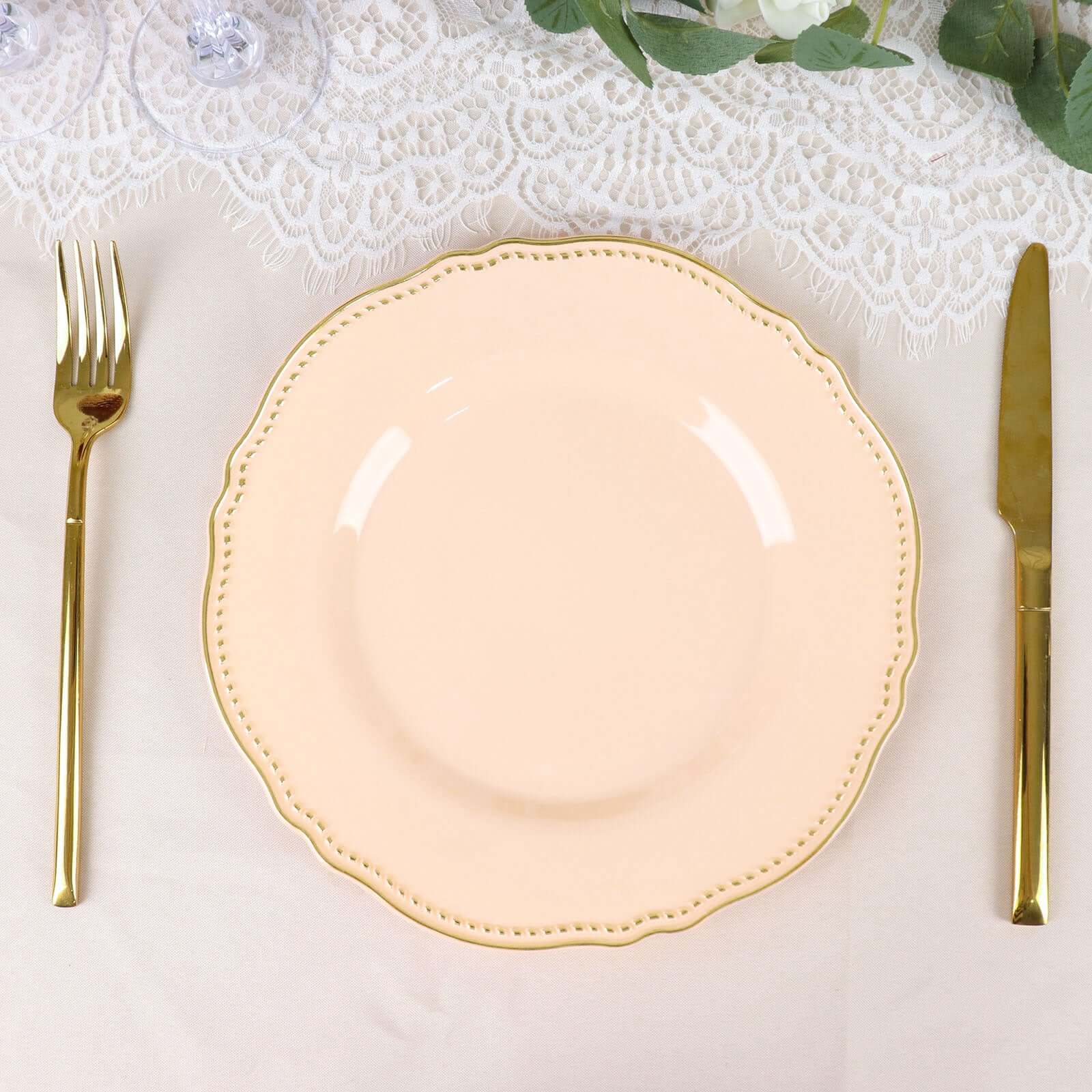Hot Deal! 10-Pack Disposable Nude Plastic Dinner Plates with Gold Scalloped Rim, 9 Inches