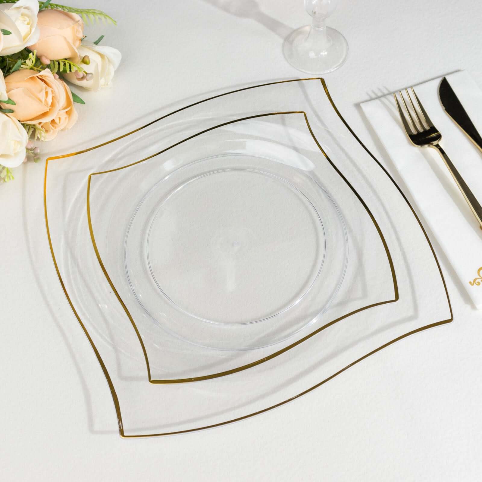 10-Pack Disposable Clear Plastic Square Dinner Plates with Gold Wavy Rim