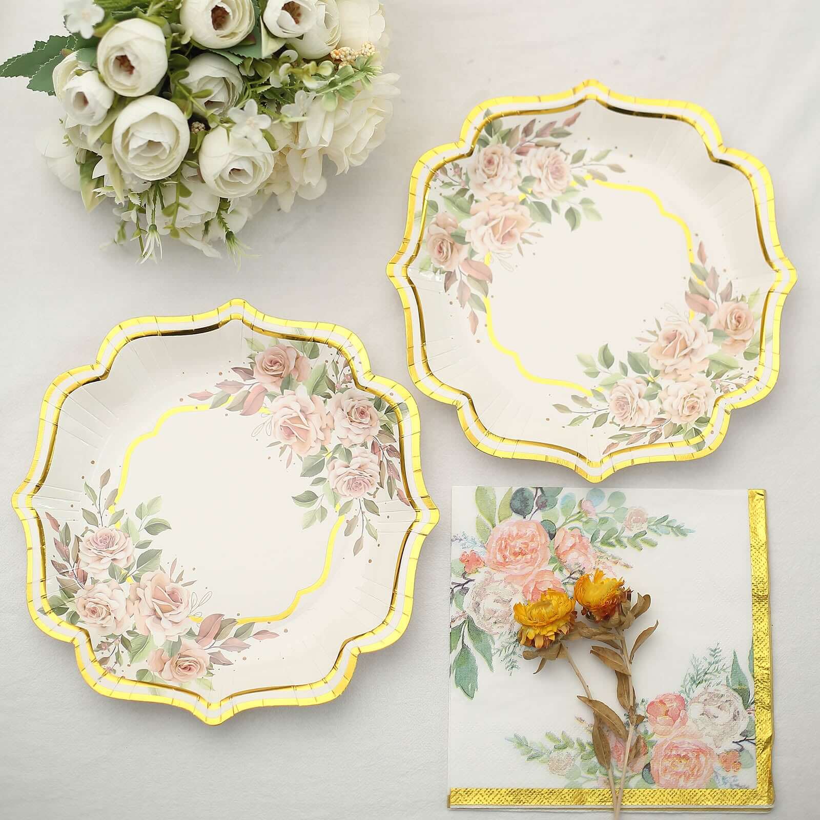20-Pack 18GSM 2-Ply Pink Peony Floral Gold Trimmed White Paper Cocktail Napkins for Weddings - Hot Sale