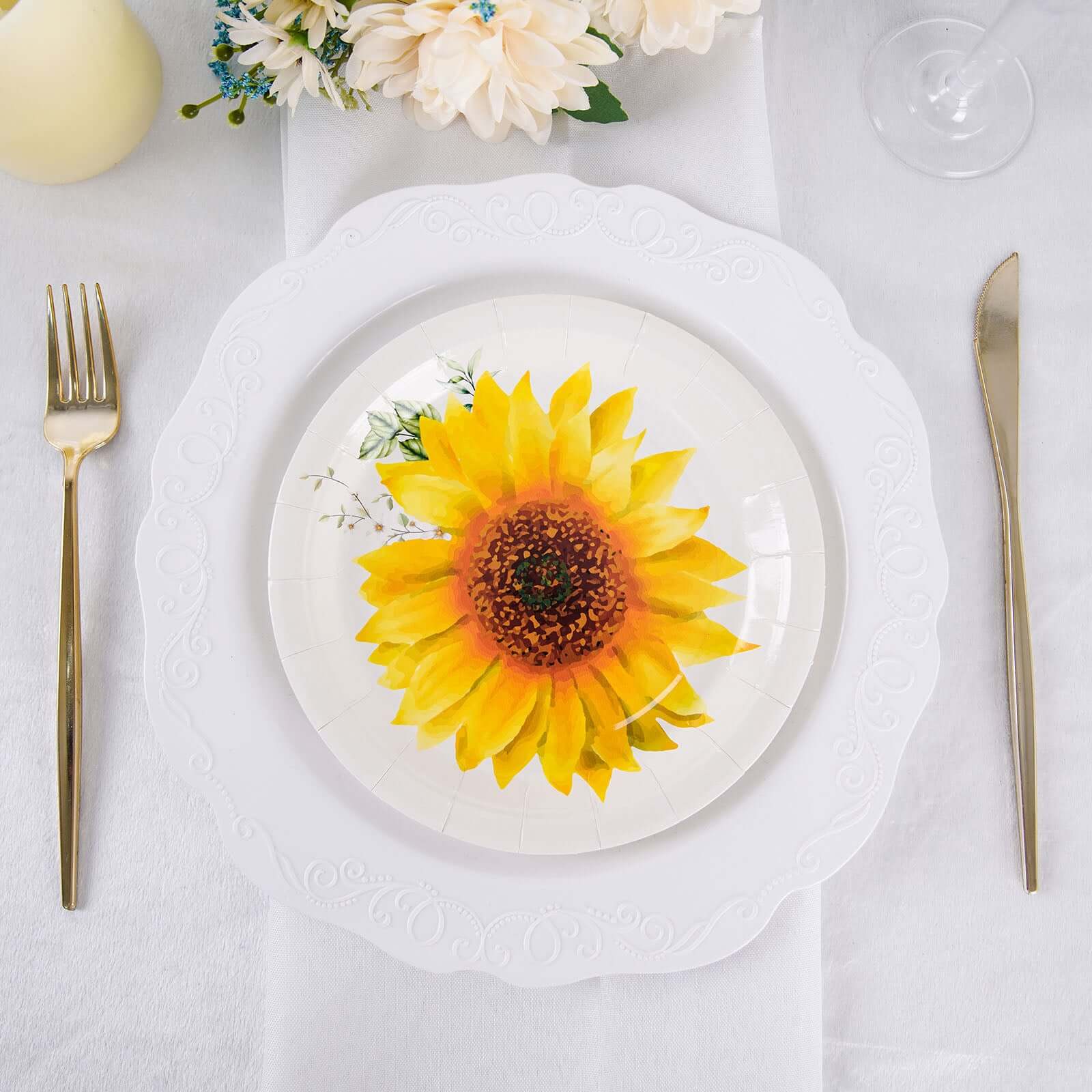 25-Pack Disposable 7-Inch Round White Paper Dessert Plates with Sunflower Design - Ideal for Rustic & Garden Events