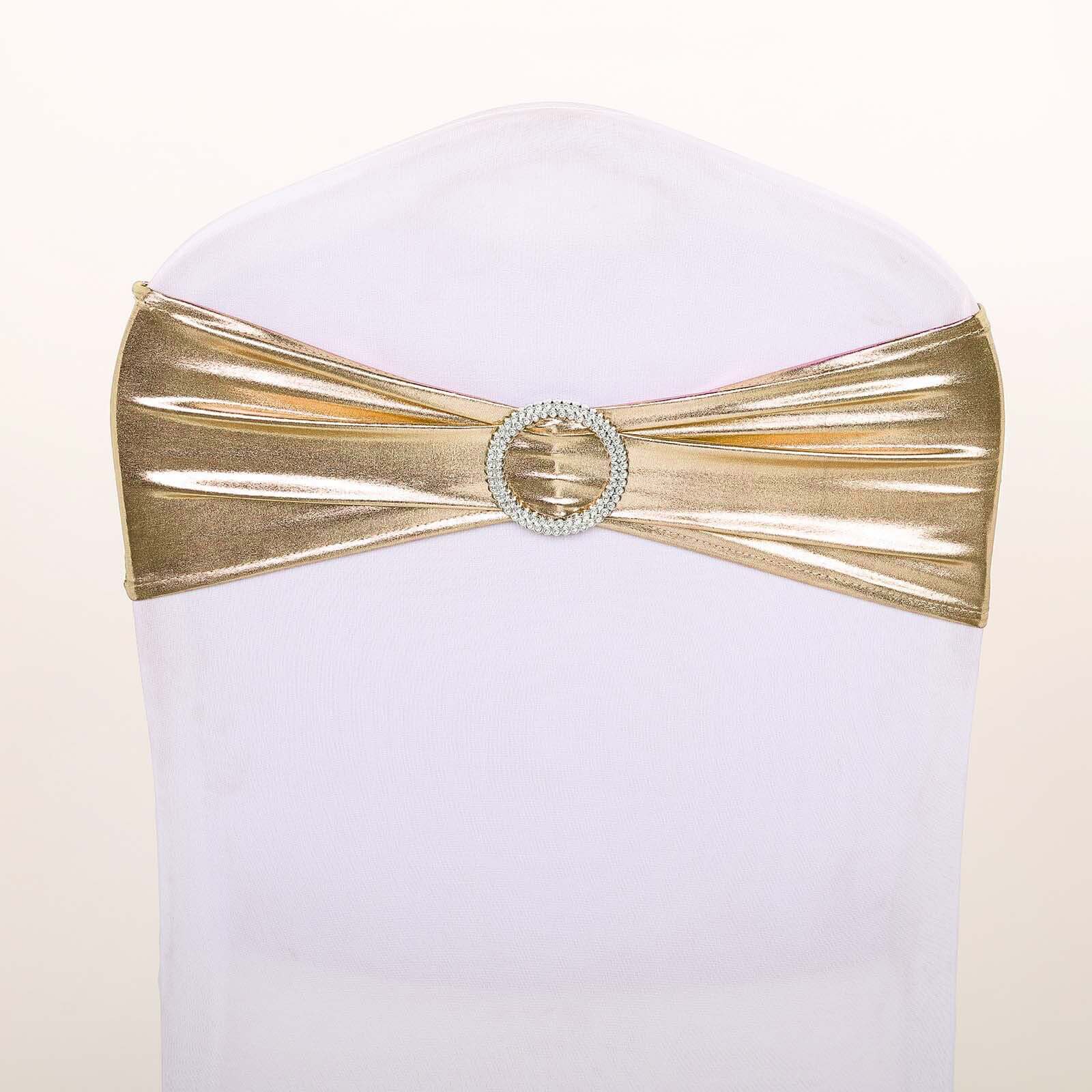 5-Pack Champagne Metallic Spandex Chair Sashes with Round Diamond Buckles - Stretch Fit!