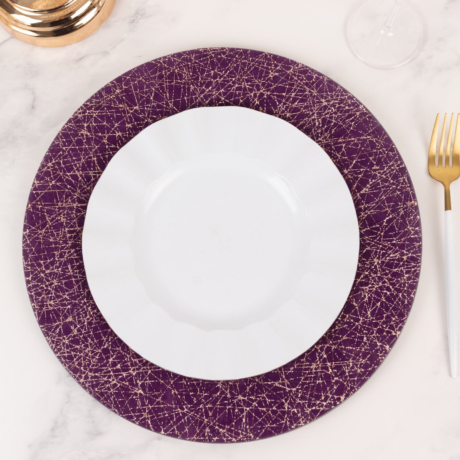 6-Piece Set of 13-Inch Purple Acrylic Round Charger Plates with Gold Glitter Abstract Design - Ideal for Parties