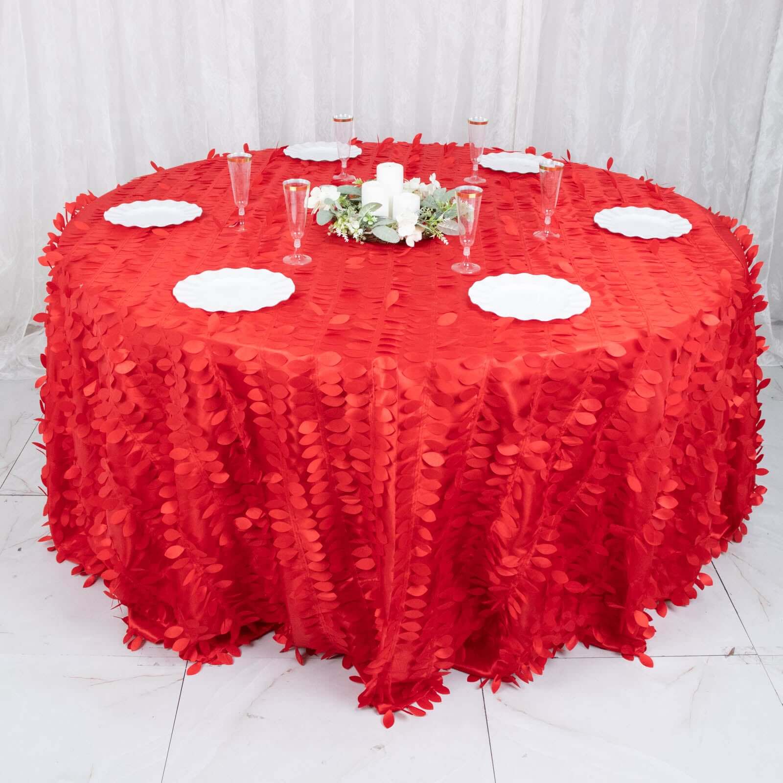 Hot Sale! Red 132-Inch Round Taffeta Tablecloth with 3D Leaf Petal Design