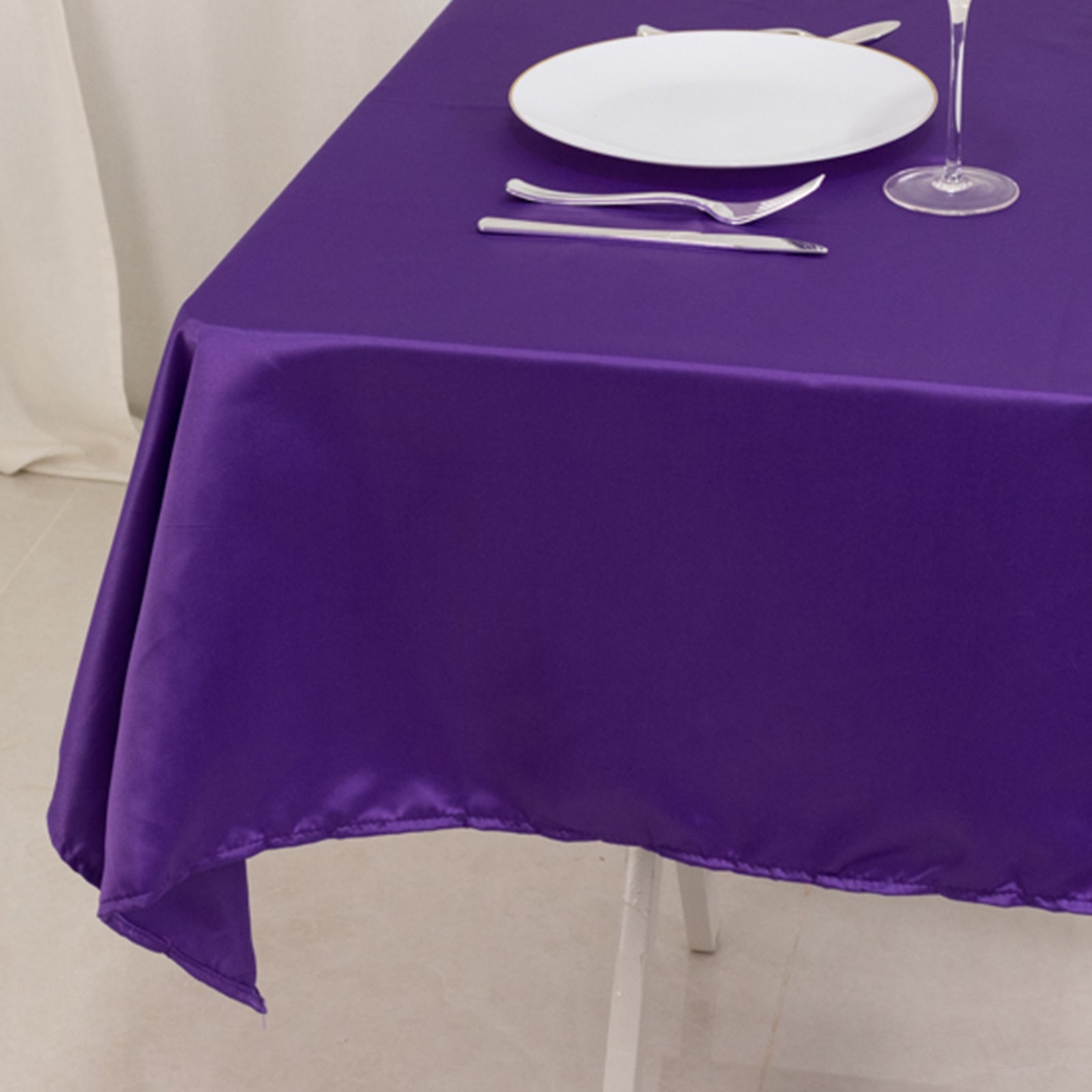 Premium Purple Lamour Satin 54x54 Square Table Overlay - Durable & Silk-Like Table Cover