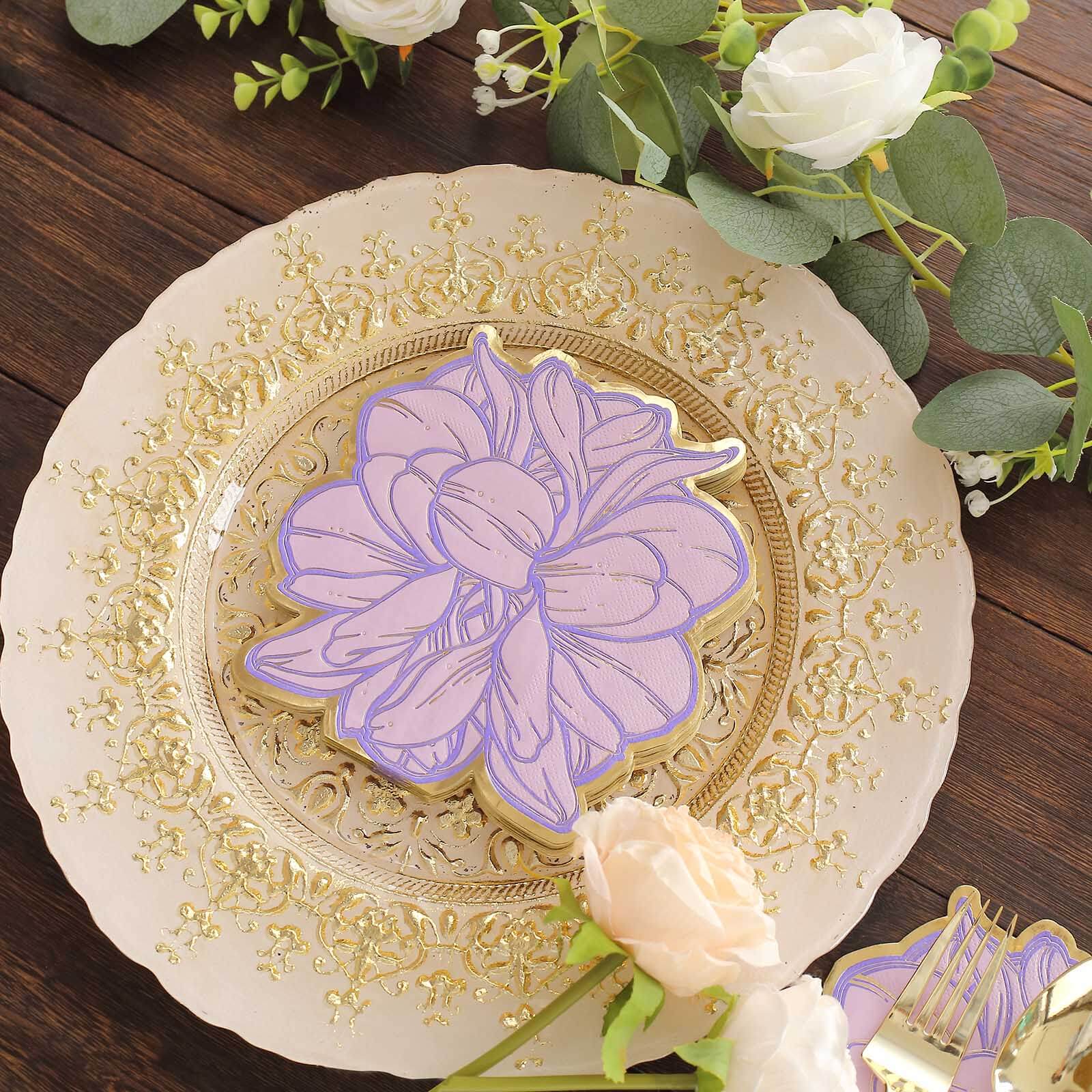 Get 20-Pack Disposable Cocktail Paper Napkins with Purple Peony & Gold Edges for Parties