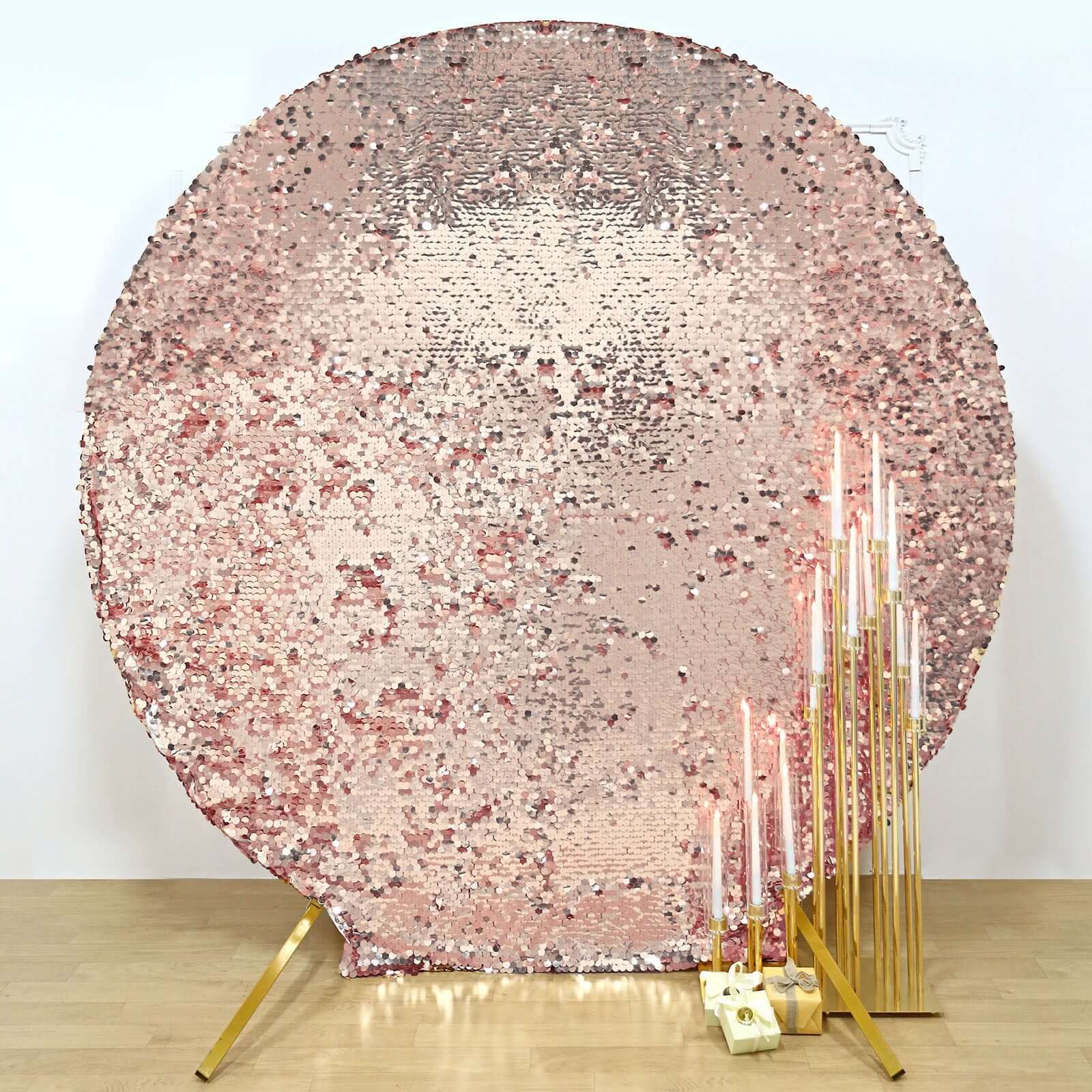 Sparkly 7.5ft Rose Gold Double-Sided Payette Sequin Wedding Arbor Cover - Perfect for Big Events