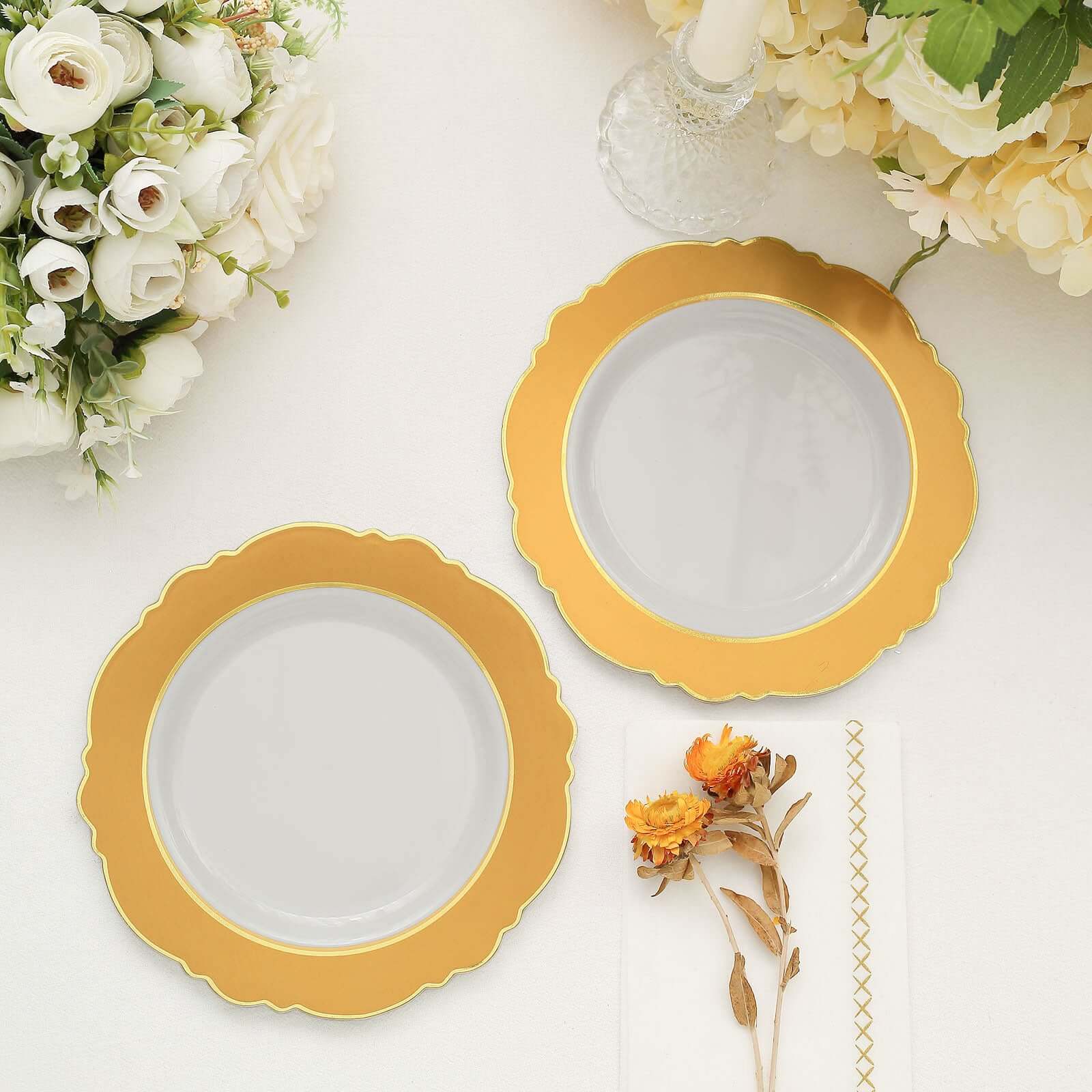 10-Pack Disposable White Plastic Dessert Plates with Gold Blossom & Edging for Elegant Table Decor