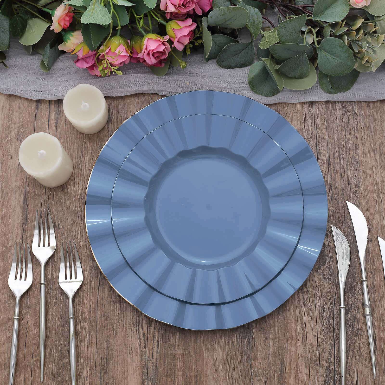 10-Piece Set of Sturdy Disposable Ocean Blue Round Dinner Plates with Gold-Rimmed Ruffled Edges