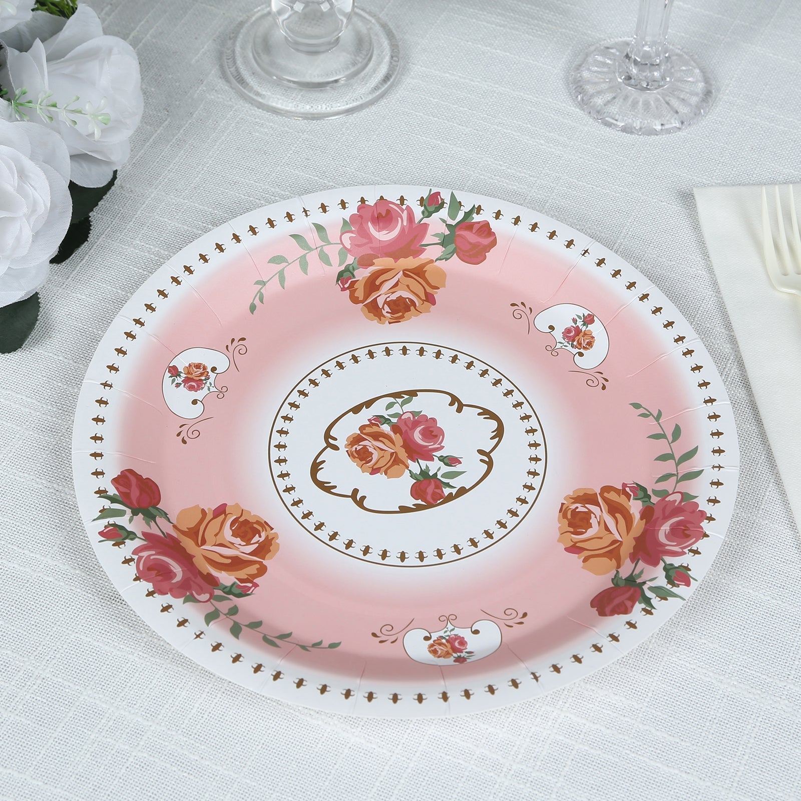 25-Pack 9-Inch Dusty Rose Vintage Rose Print Disposable Paper Dinner Plates - High Quality!