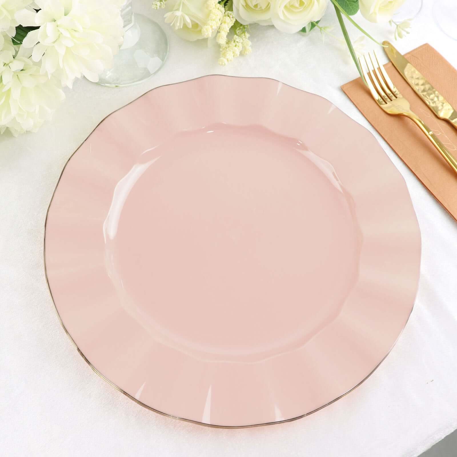 10-Piece Set of Sturdy Blush Plastic Round Dinner Plates with Gold Ruffled Edging