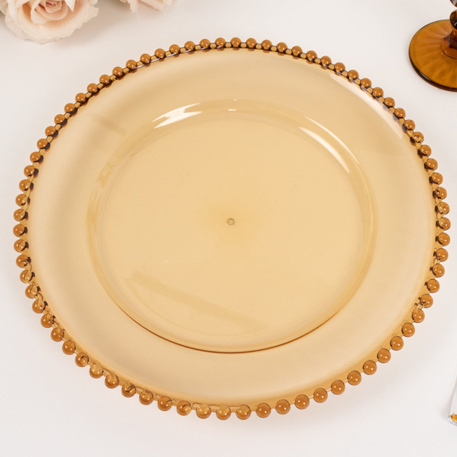 Set of 6 Acrylic Round 13-inch Amber Gold Charger Plates with Beaded Edging for Dinner Parties