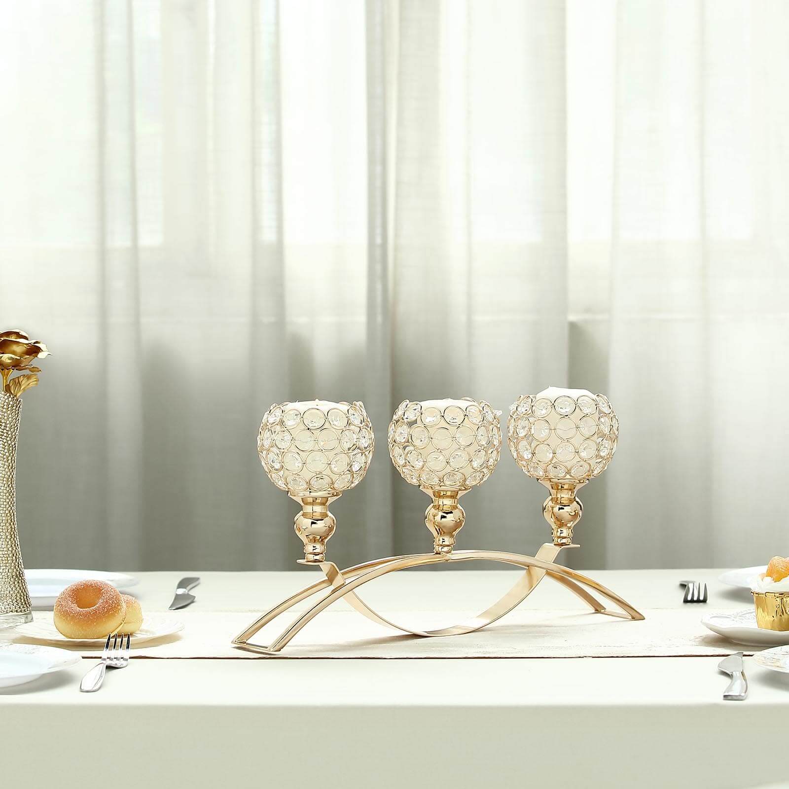 Chic Gold 3-Arm Arch Bridge Candelabra with Crystal Beads - Ideal Table Centerpiece for Events