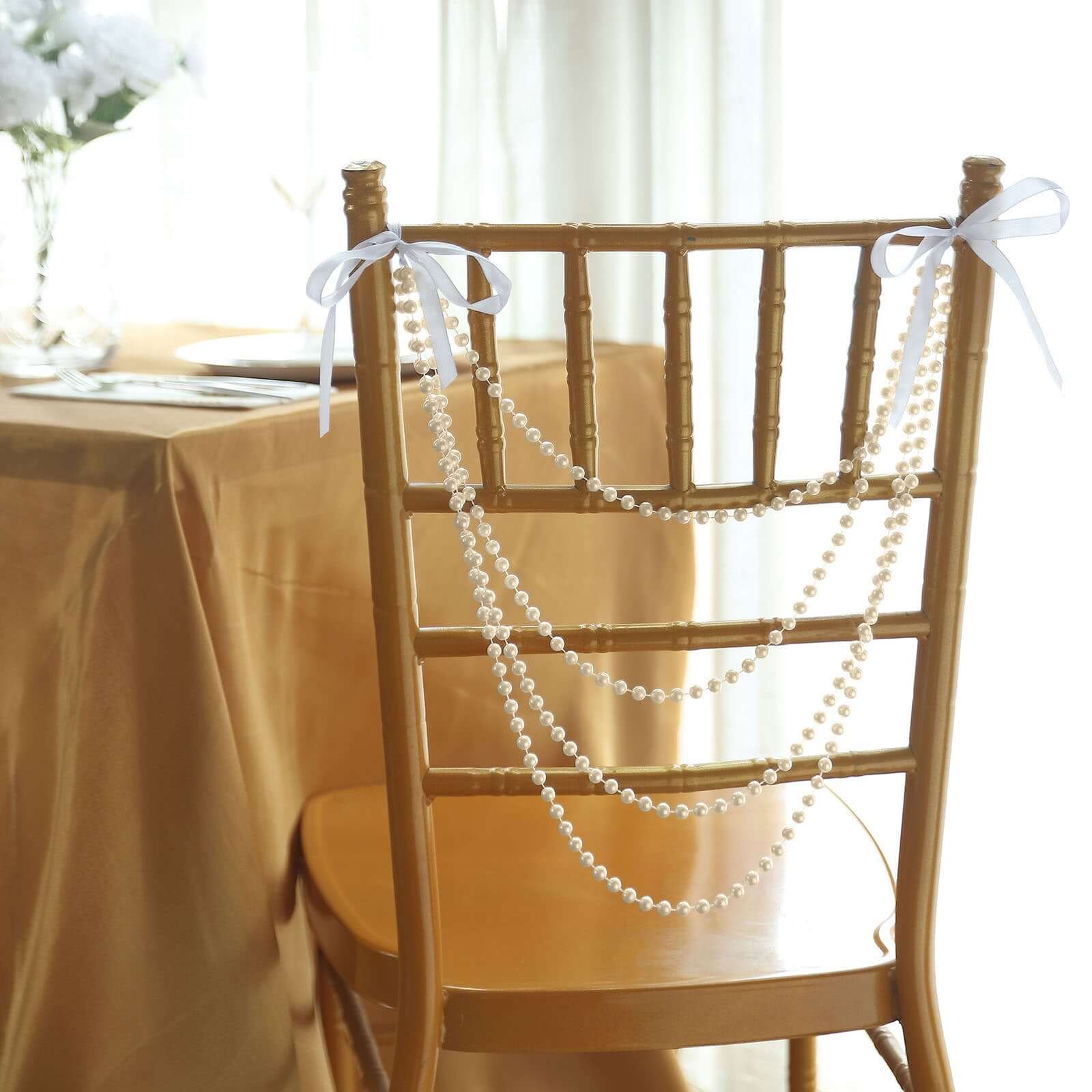 Ivory Faux Pearl Beaded 16-Foot Chair Back Garland Sash - Pre-Tied Gatsby Style for Chiavari Chairs