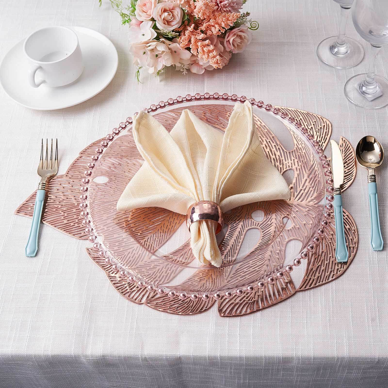 6-Piece Rose Gold Monstera Leaf Design Vinyl Dining Table Mats - Non-Slip for Tropical Decor
