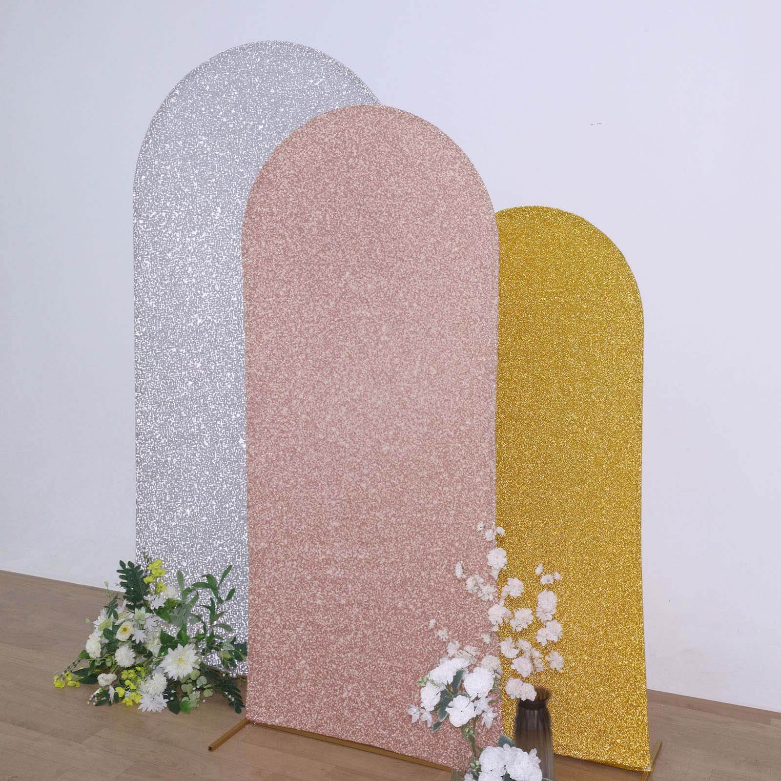 6ft Rose Gold Shimmer Tinsel Spandex Cover for Fitted Round Top Wedding Arch Stand