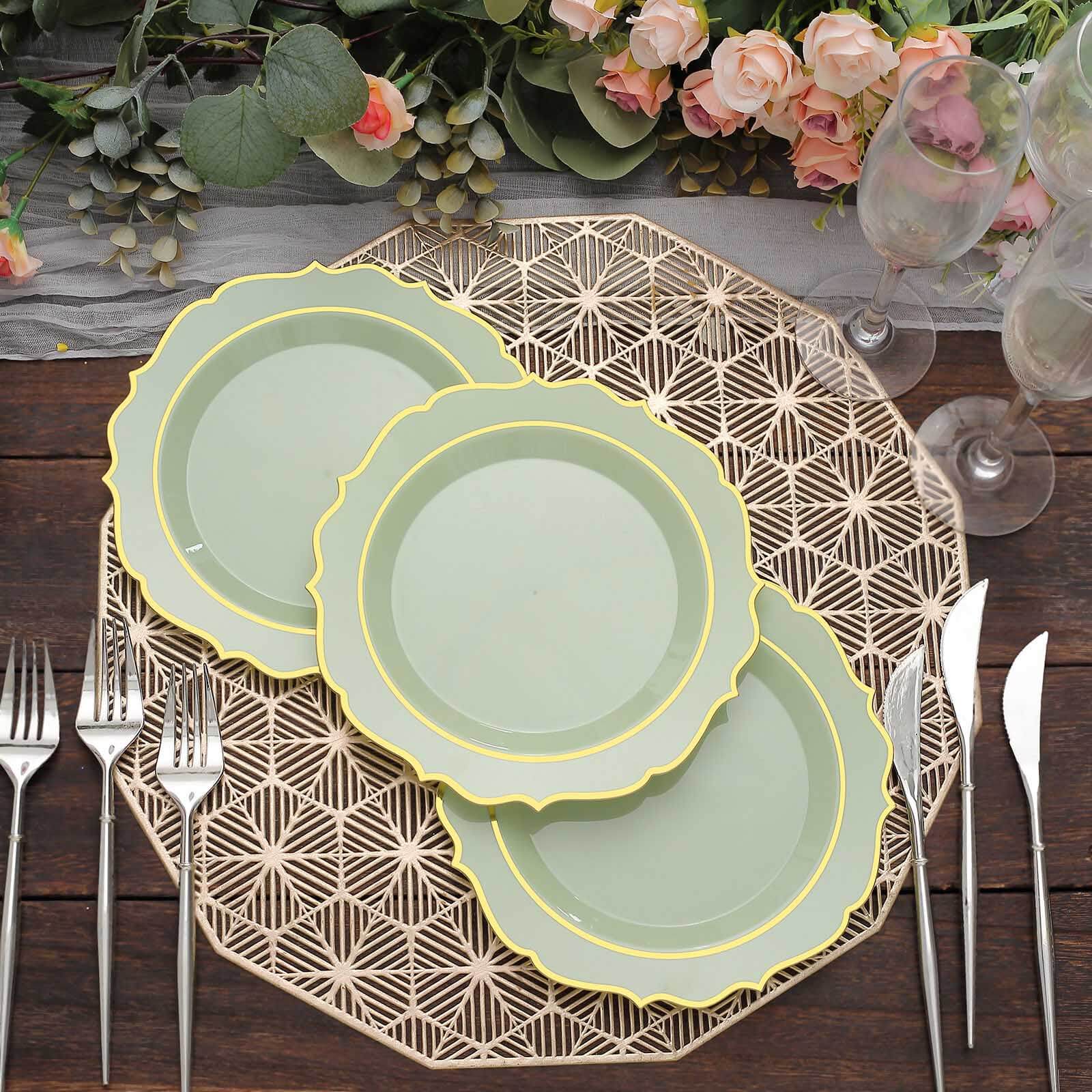 Hot Deal! 10-Pack Disposable Plastic Round Salad Plates in Sage Green with Gold Scalloped Rim, 8-Inch