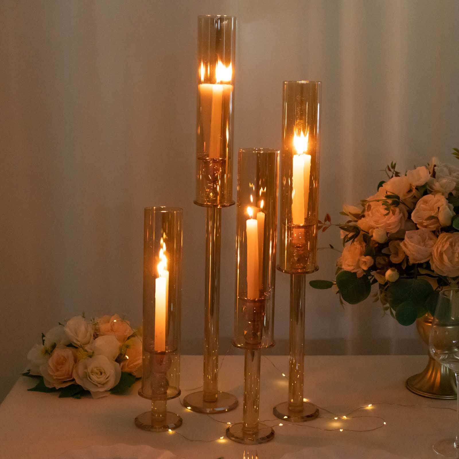 4-Piece Set of Gold Crystal Glass Hurricane Taper Candle Holders - Assorted Sizes