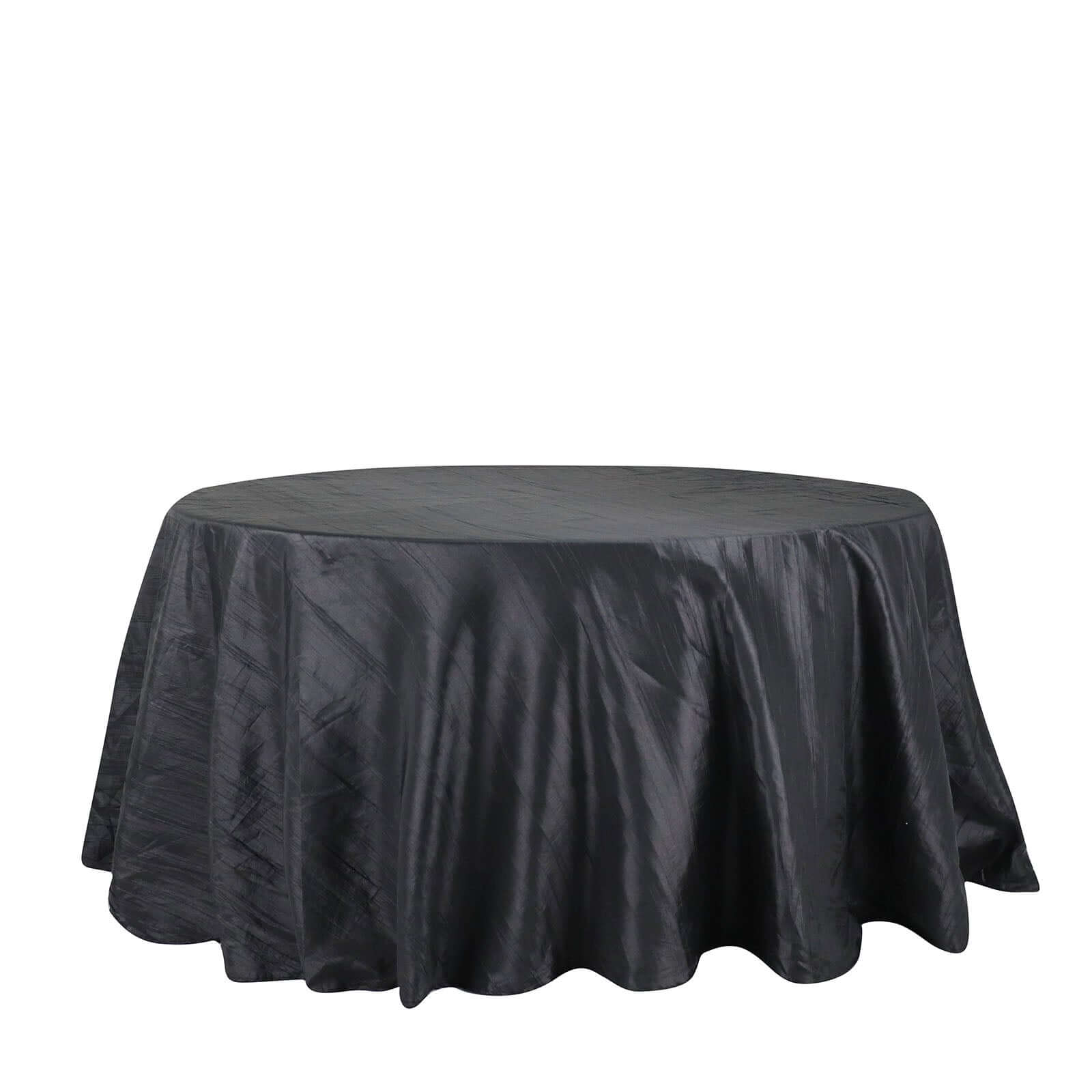 Black 132-Inch Seamless Accordion Crinkle Taffeta Round Tablecloth for Elegant Occasions