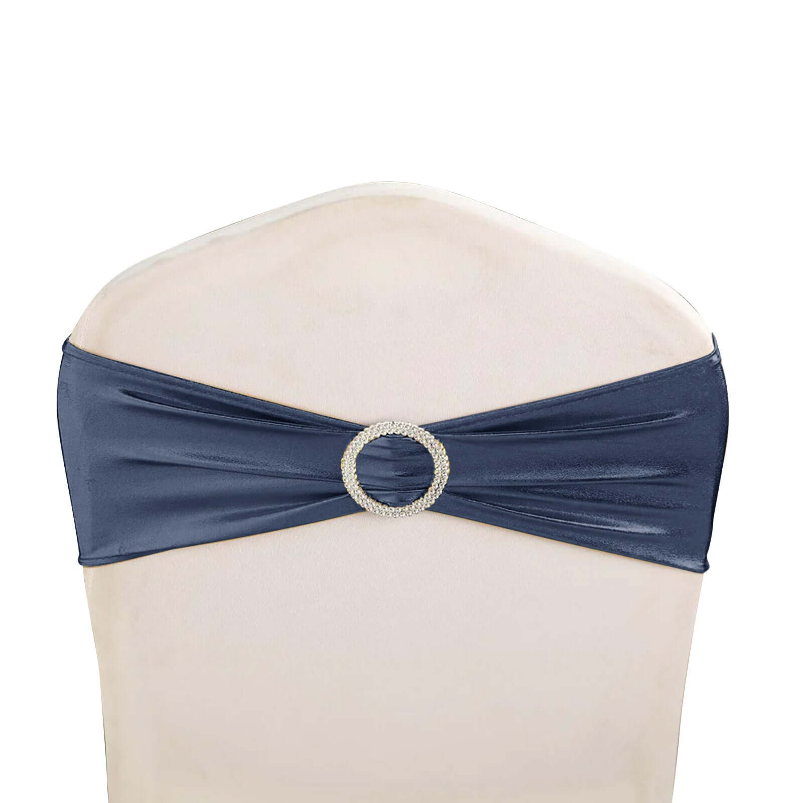 5-Pack Navy Blue Metallic Spandex Chair Sashes with Round Diamond Plastic Buckles - Ideal for Decor