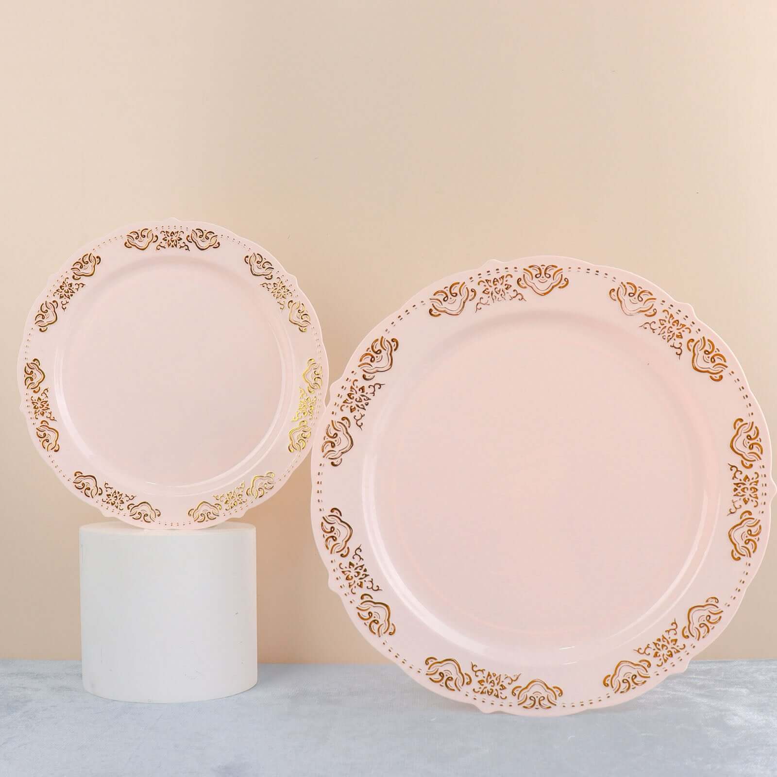 Hot Deal! 10-Pack Disposable Blush Plastic Round Appetizer Plates with Gold Embossed Scalloped Edge for Special Events