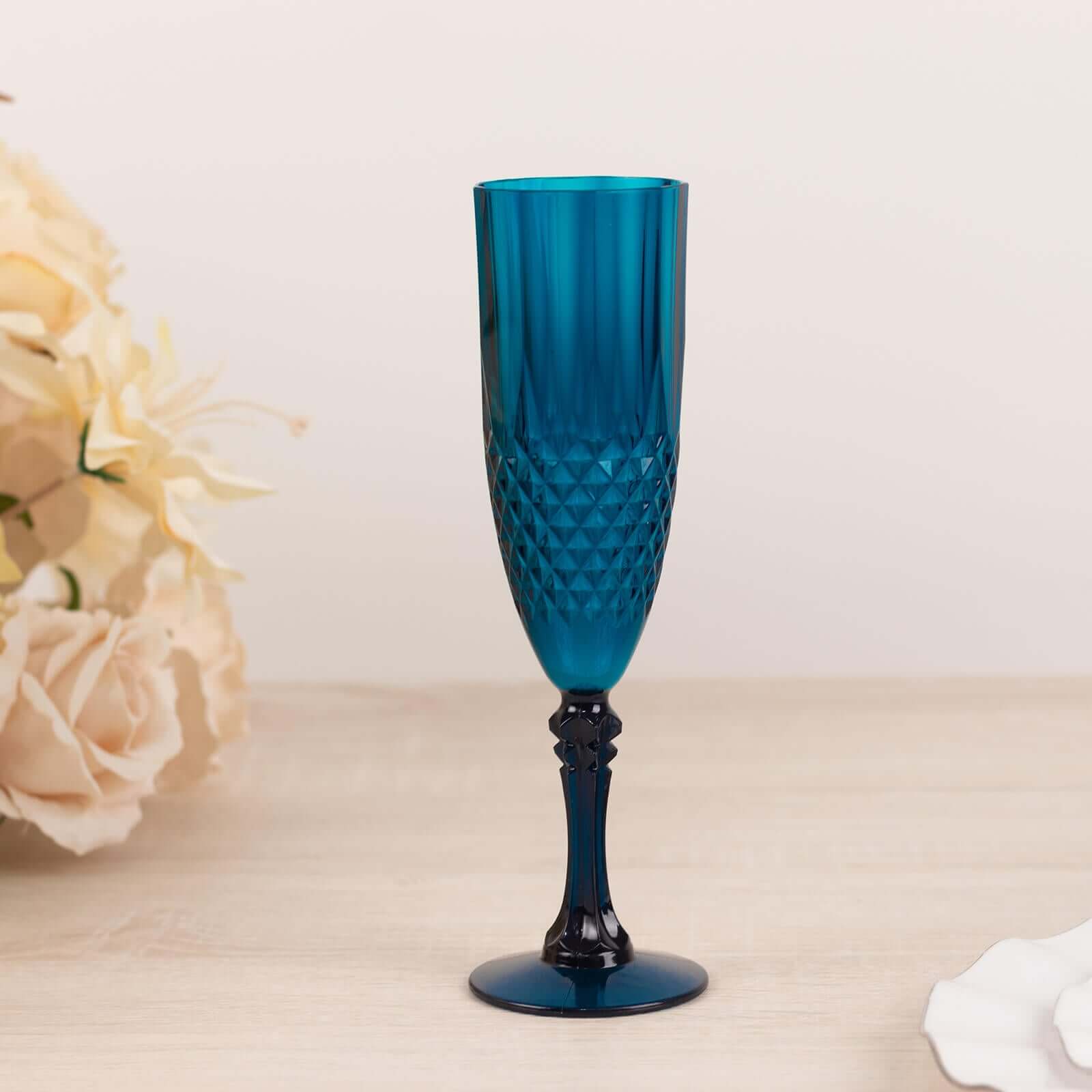 6-Piece Set of Reusable Navy Blue 8oz Plastic Champagne Toast Flutes with Crystal Cut Design