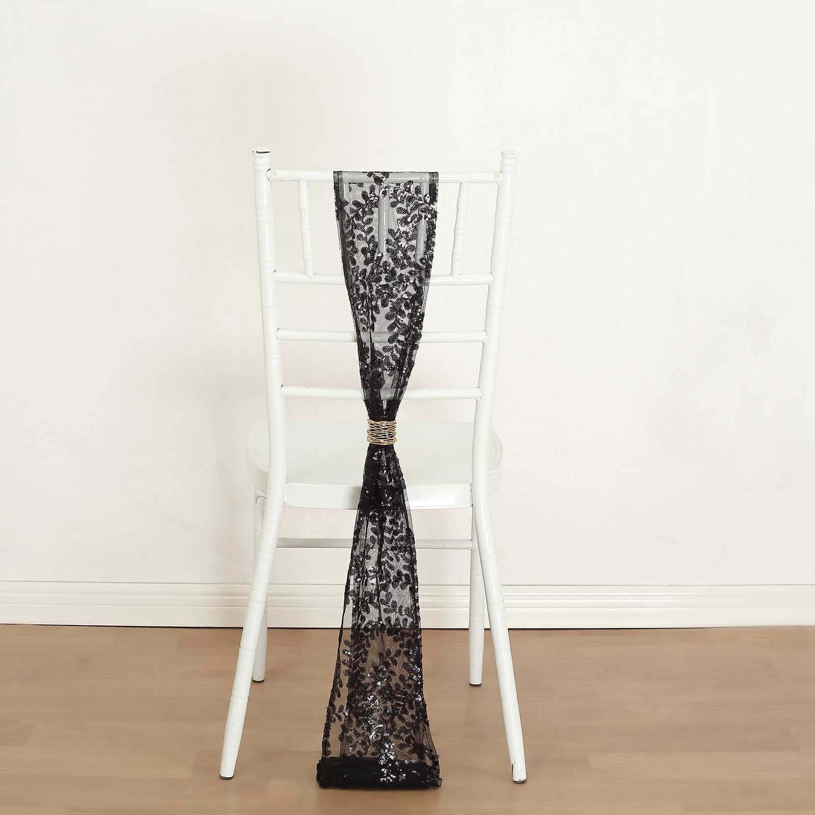 5-Pack Black Tulle Chair Sashes with Leaf Vine Embroidered Sequins - Ideal for Special Events