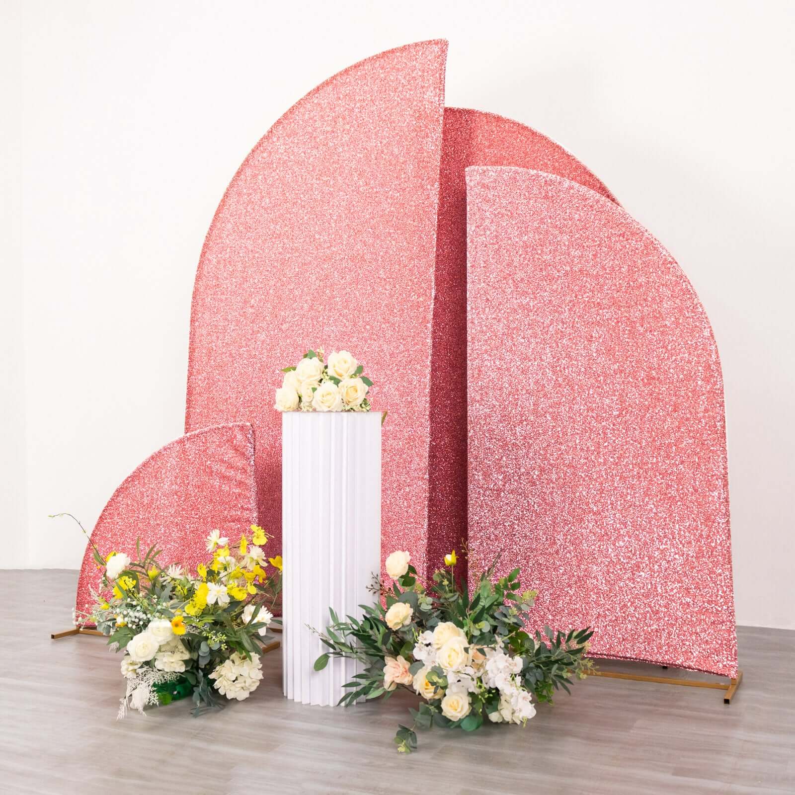 4-Piece Rose Gold Chiara Wedding Arch Covers in Shimmer Tinsel, for 2.5ft - 7ft Half Moon Stands